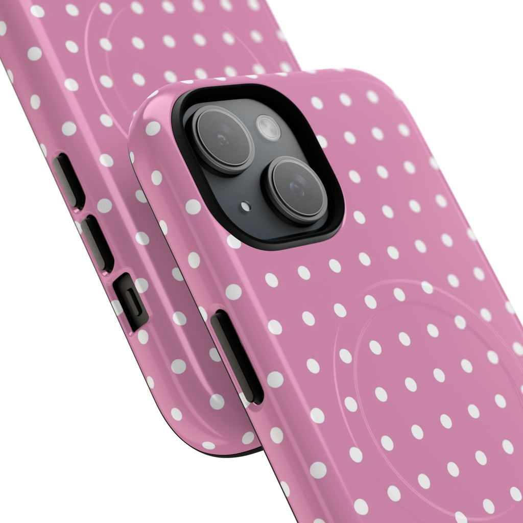 Soft pink background with white polka dots on MagSafe-compatible dual-layer iPhone case