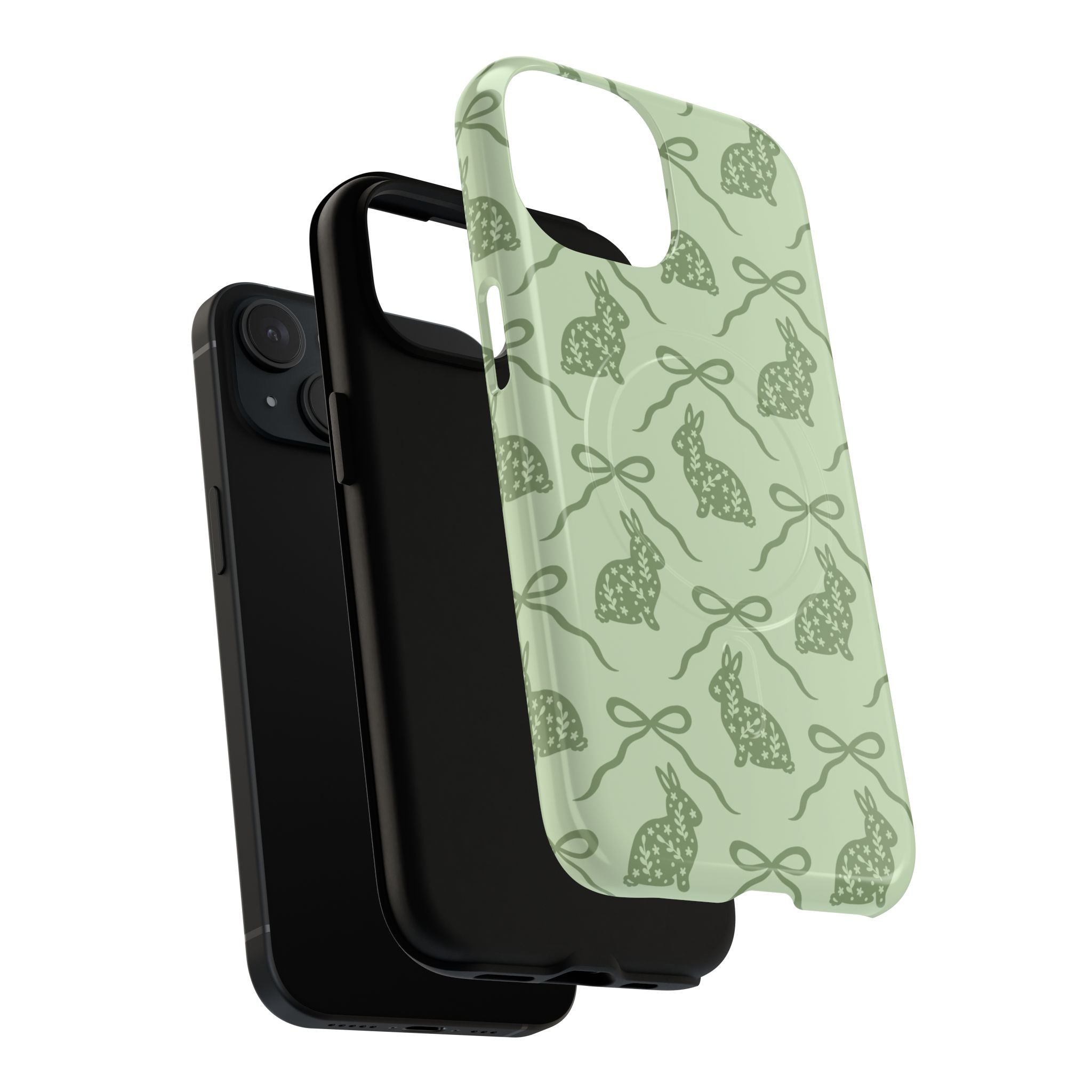 Floral bunny phone case showing whimsical hand-drawn rabbit with bow on sage green background