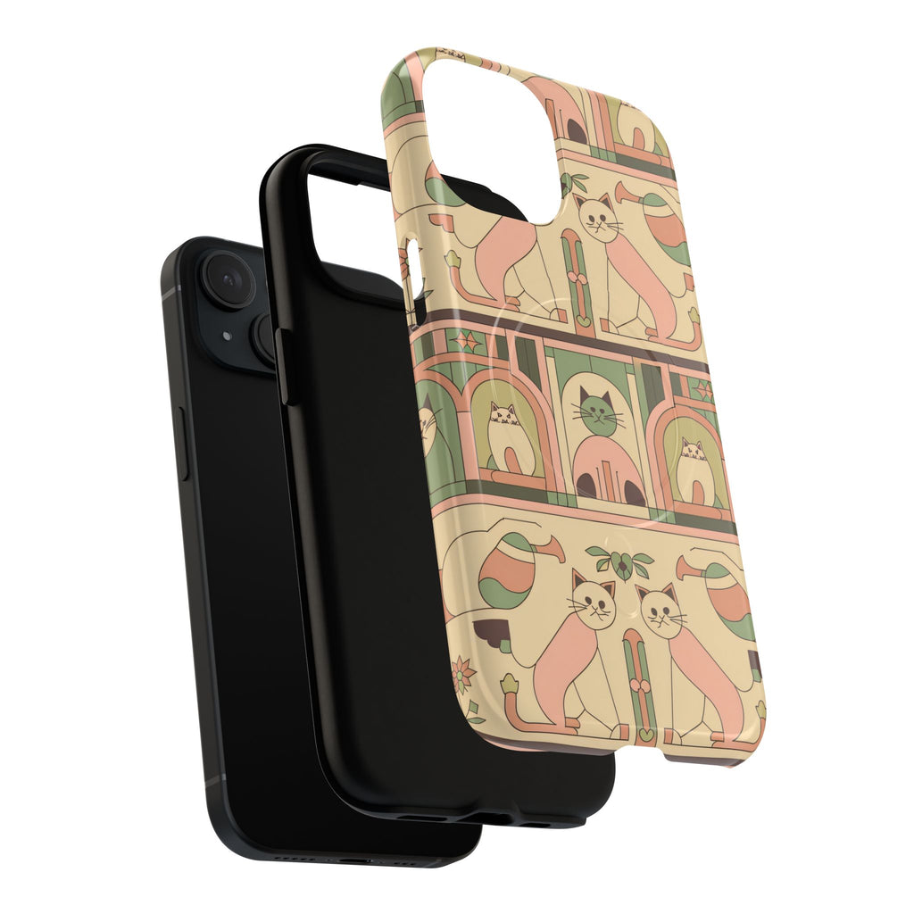 Dual-layer tough magnetic phone case showing retro cats vintage Art Deco kitty design
