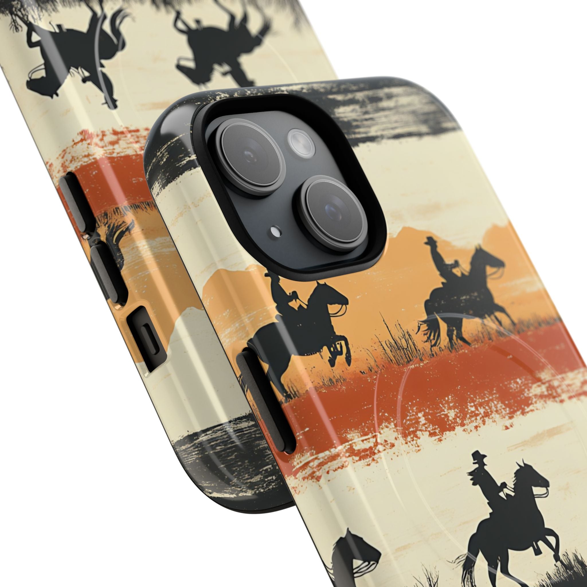 Western sunset horse rider tough magnetic phone case featuring silhouetted cowboys galloping across warm desert stripes in rich sunset tones. Dual-layer protective design with rigid polycarbonate shell and flexible TPU liner. MagSafe compatible with embedded magnets for wireless charging. High-density 3D wrap print in glossy or matte finish. Perfect gift for cowboys, cowgirls, equestrians, and western heritage lovers.