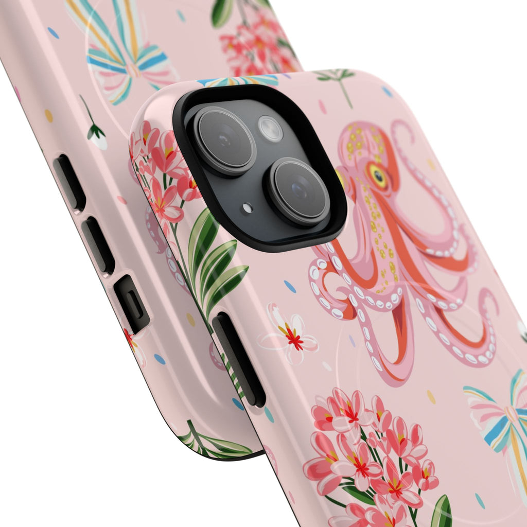 Soft coral pink octopuses with delicate floral blooms and ribbon accents on blush background - whimsical hand-painted ocean-inspired phone case design with watercolor texture