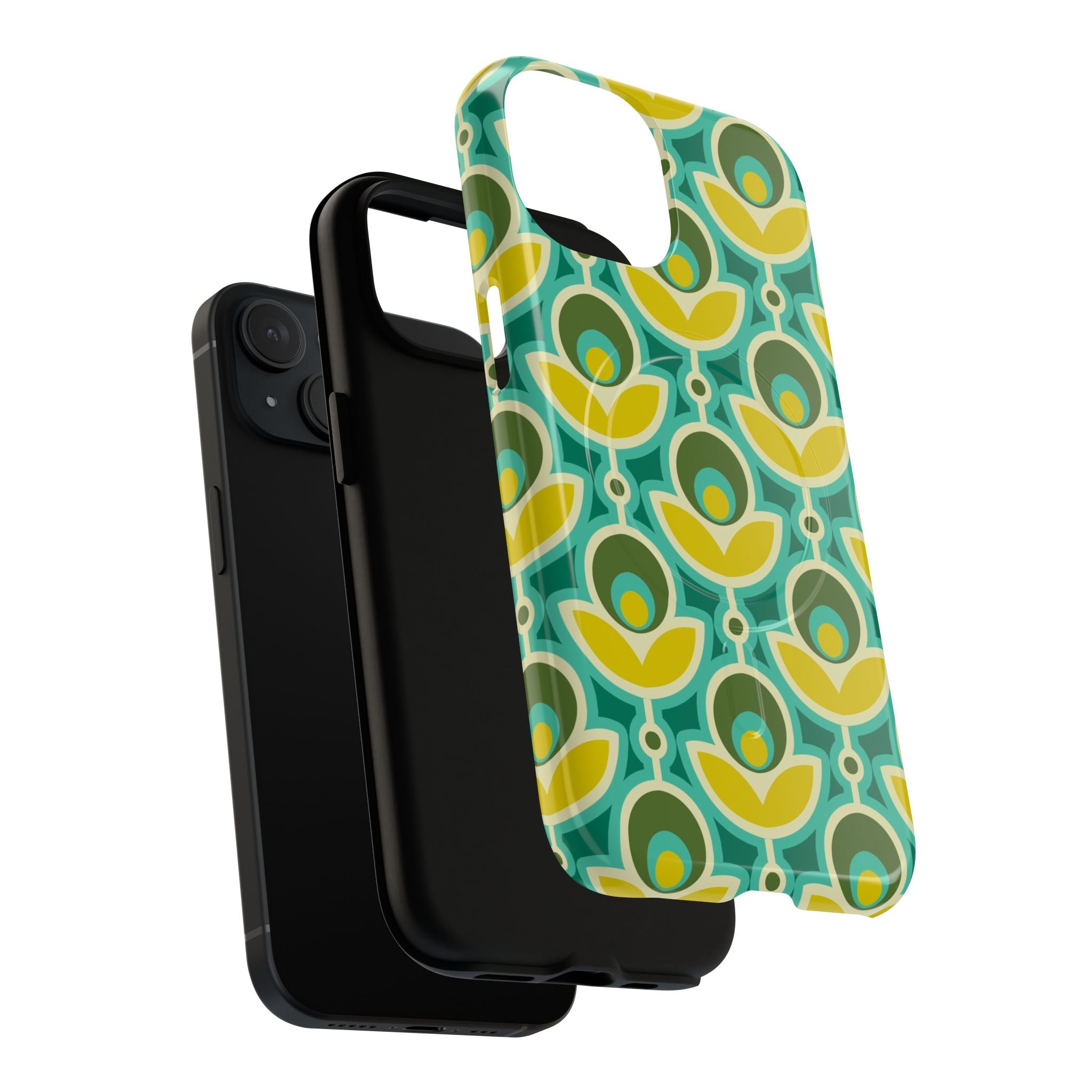 MagSafe Tough Phone Case — Retro Floral Green & Yellow Geometric Pattern
