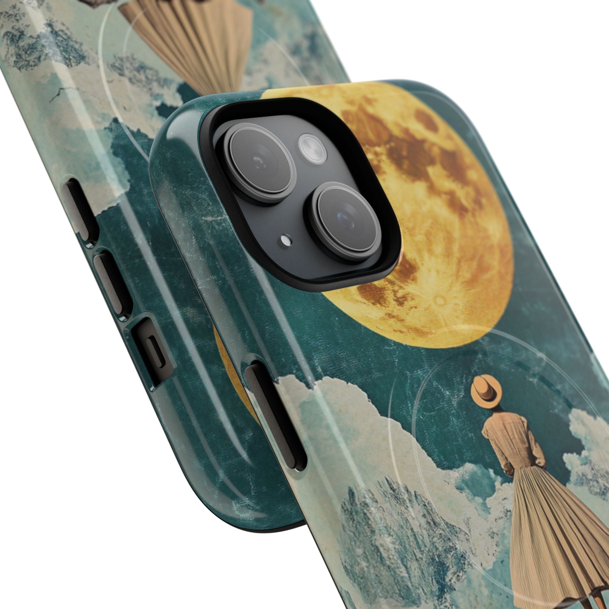  Dual-layer tough magnetic phone case showing vintage moon collage surreal design