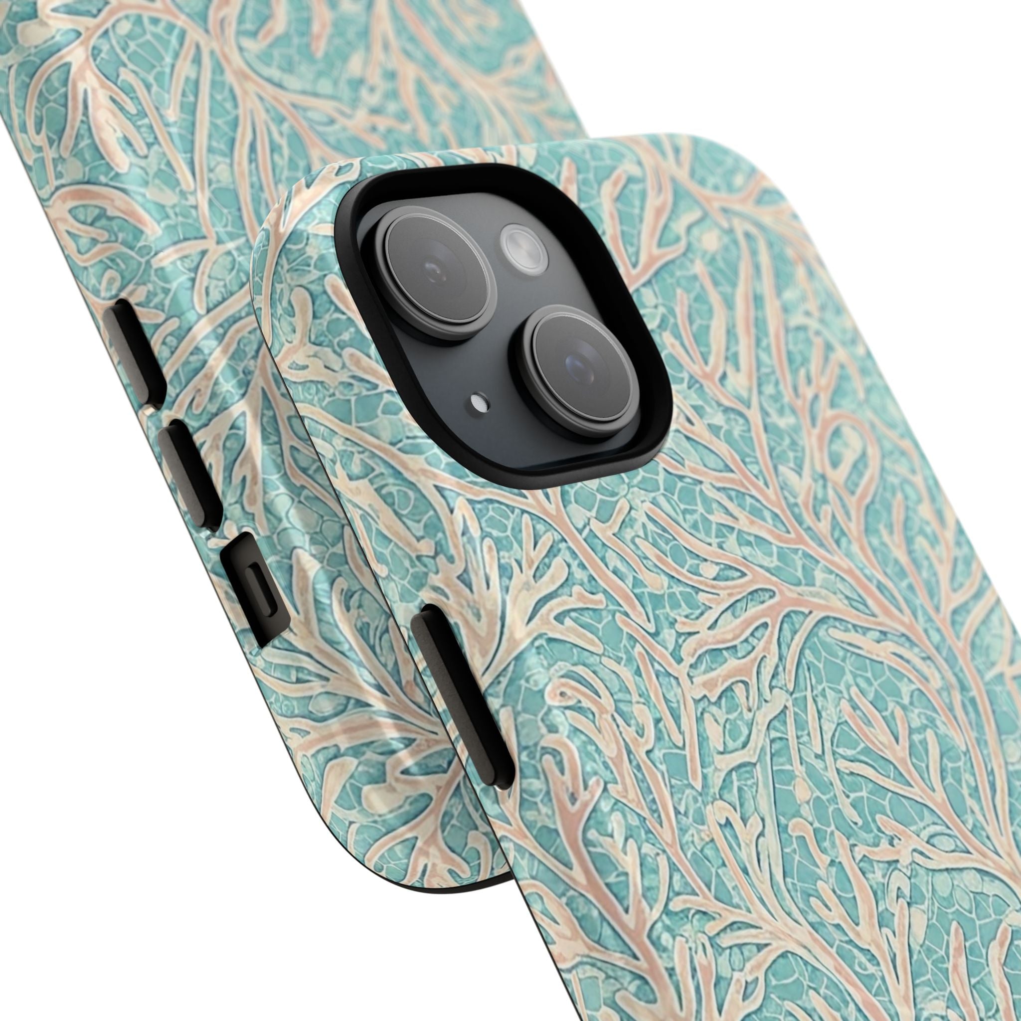  Intricate seafoam green and coral pattern with hand-drawn texture in sea-glass tones on MagSafe-compatible phone case