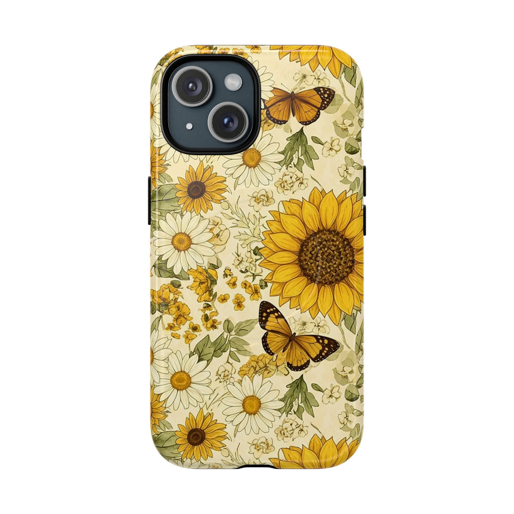 Sunflower and daisies MagSafe phone case with butterfly design on iPhone

