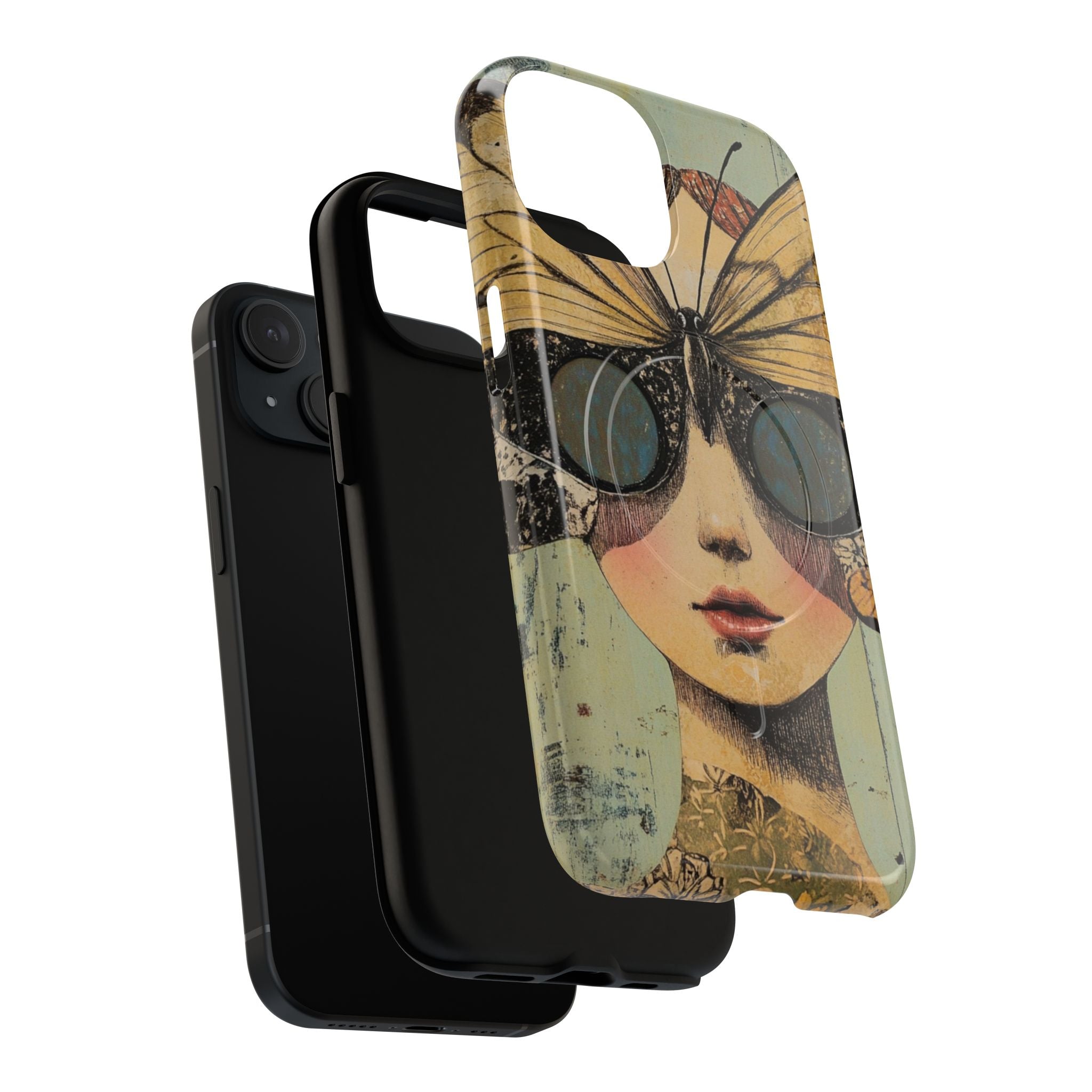  Close-up of butterfly girl phone case with MagSafe compatibility and nostalgic collage aesthetic