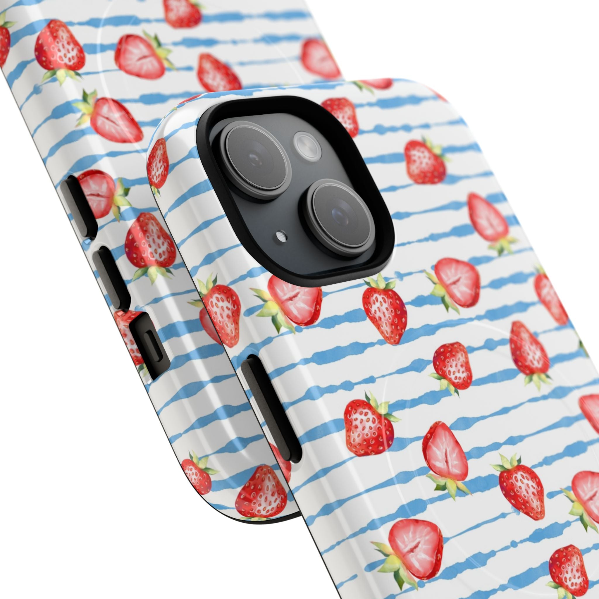 Hand-painted strawberries with soft watercolor stripes in cheerful reds and pastels on MagSafe-compatible phone case