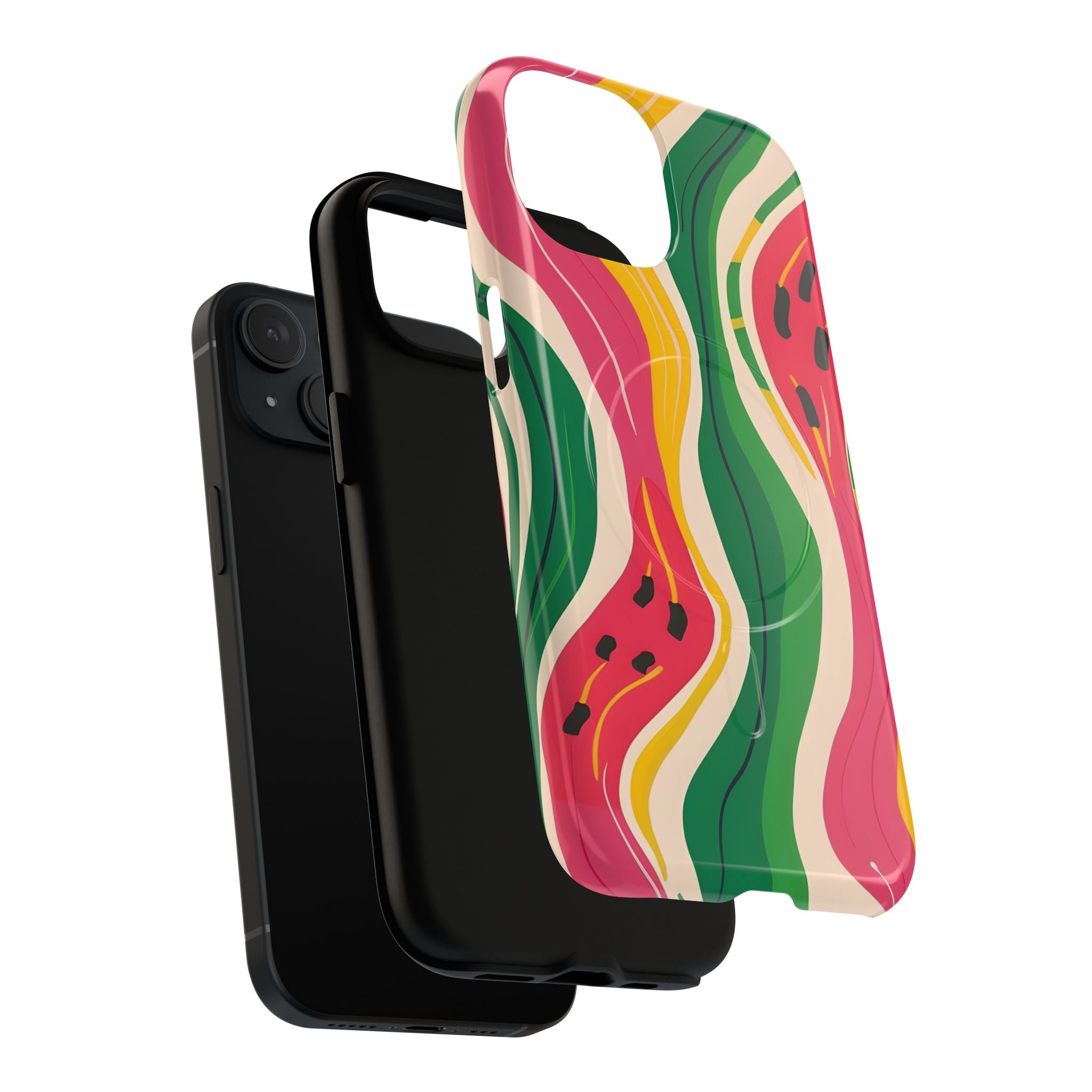 Watermelon wave phone case showing MagSafe magnetic compatibility and dual-layer protection