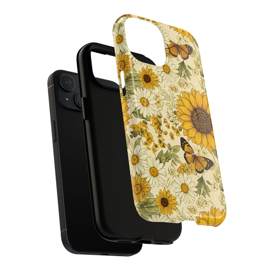 Close-up of sunflower daisy and butterfly floral pattern on protective phone case
