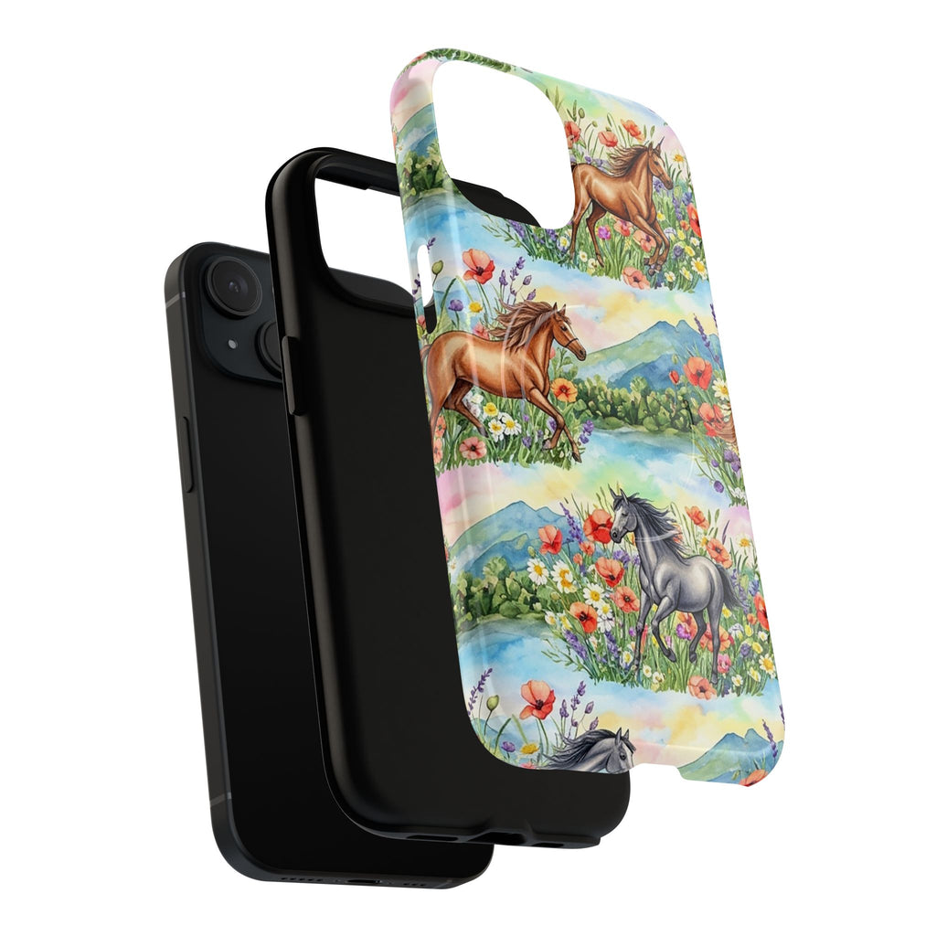 Pastel floral horse phone case showing MagSafe compatibility and dreamy meadow scene