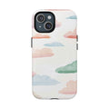 Tough MagSafe phone case with pastel cloud watercolor design on white iPhone