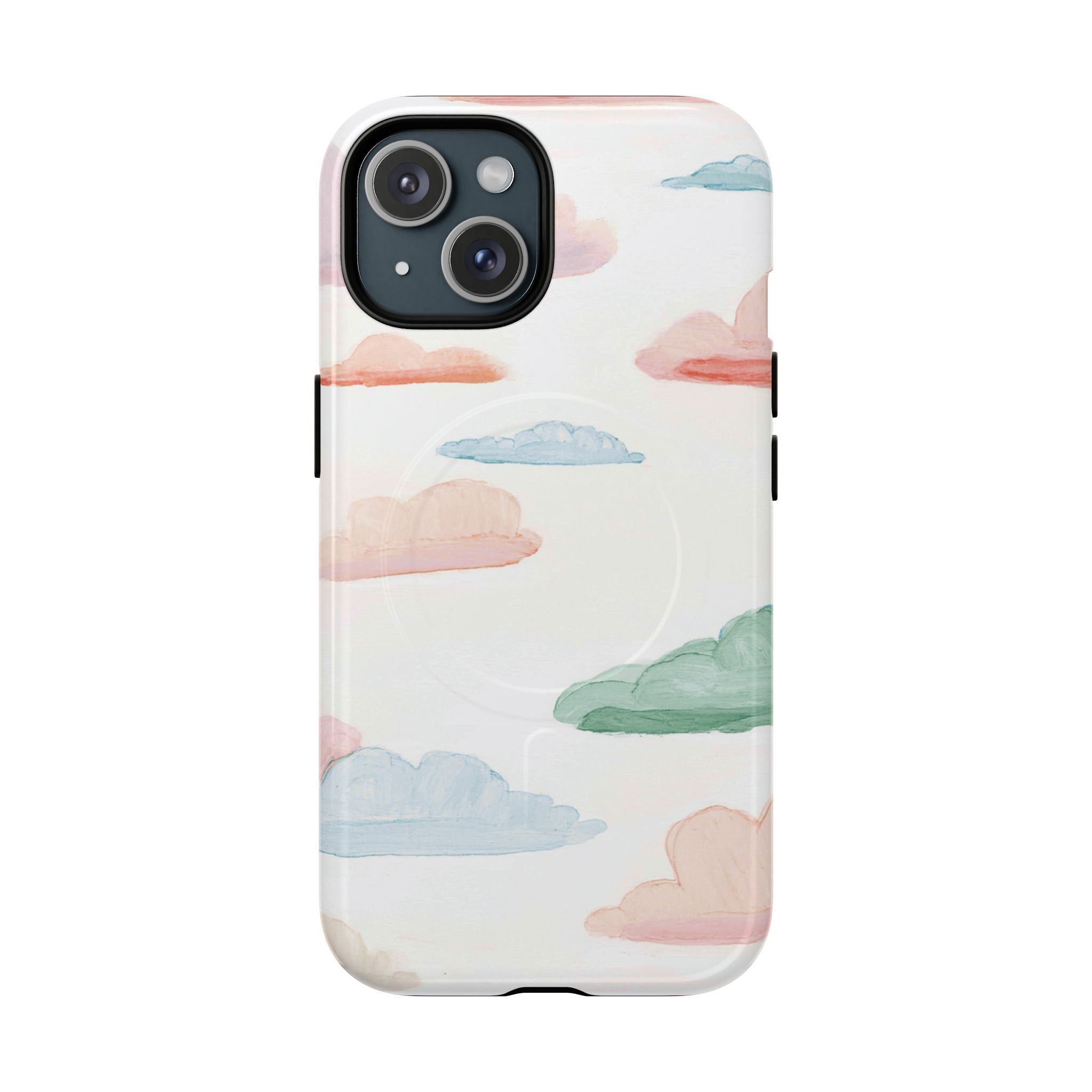 Tough MagSafe phone case with pastel cloud watercolor design on white iPhone