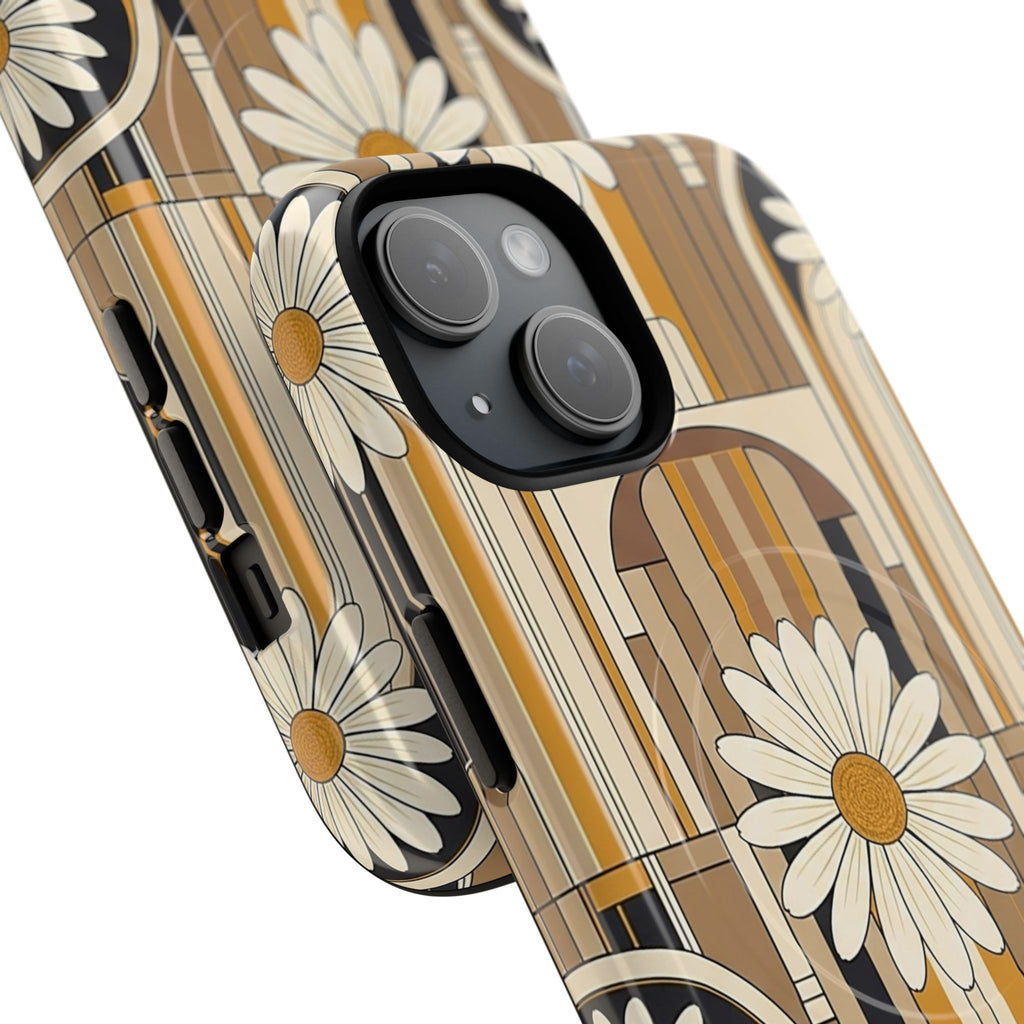Vintage-inspired retro daisy phone case with dual-layer polycarbonate shell and TPU silicone liner, mid-century 70s boho floral pattern with daisies arches and caramel stripes, MagSafe compatible wireless charging, warm earthy aesthetic in glossy or matte finish for iPhone
