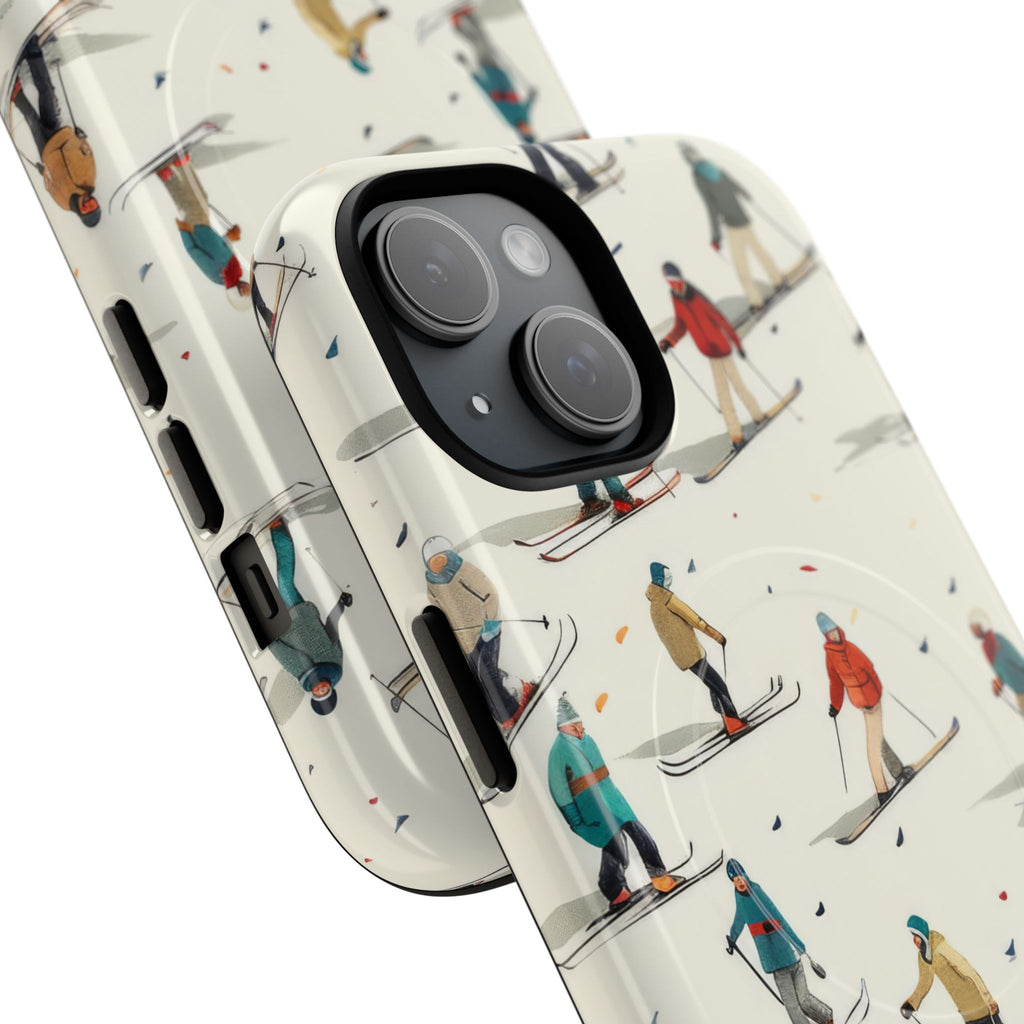 Vintage-inspired skiers in muted retro colors gliding across cream background - classic ski lodge pattern with illustrated winter sports figures in burgundy, navy, and mustard tones