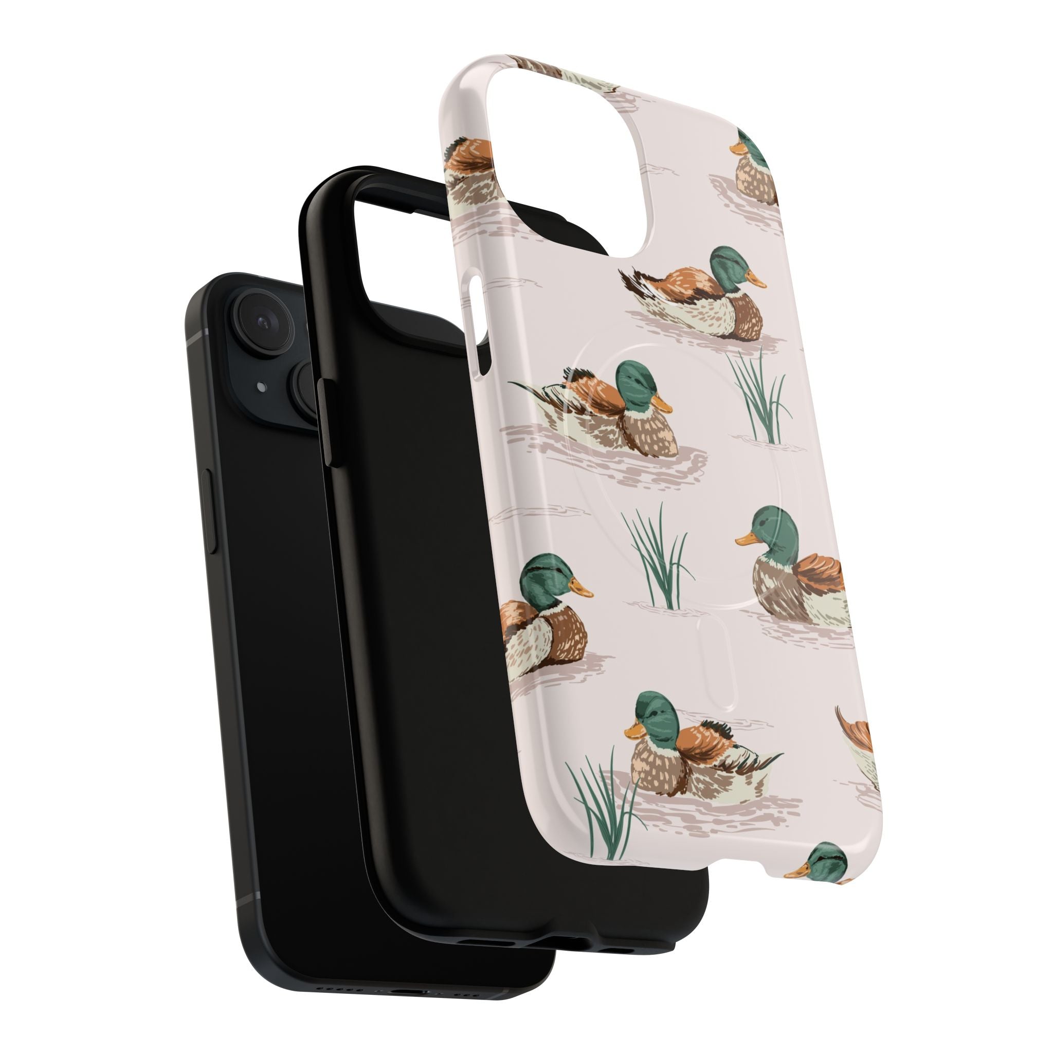 Close-up of watercolor mallard duck and reeds pattern on protective phone case
