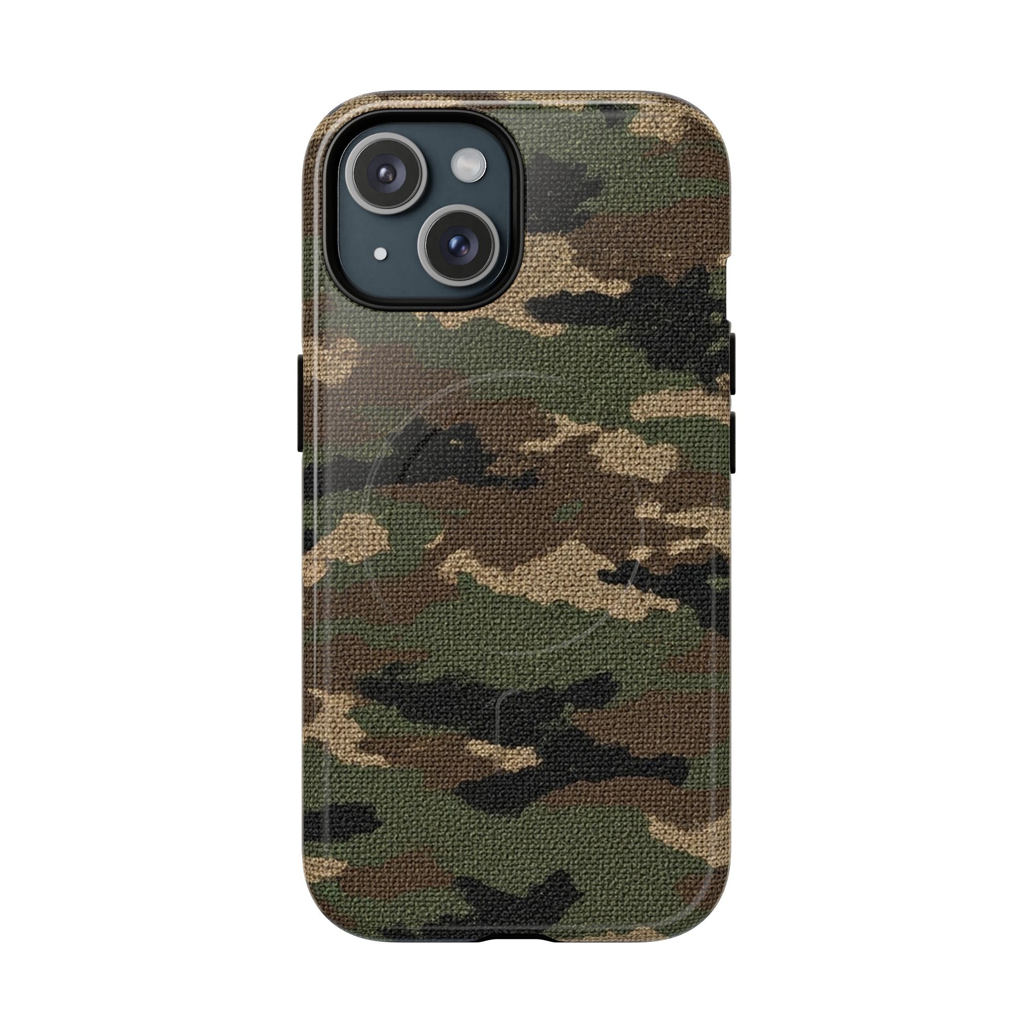 Military green camo tough MagSafe phone case on iPhone
