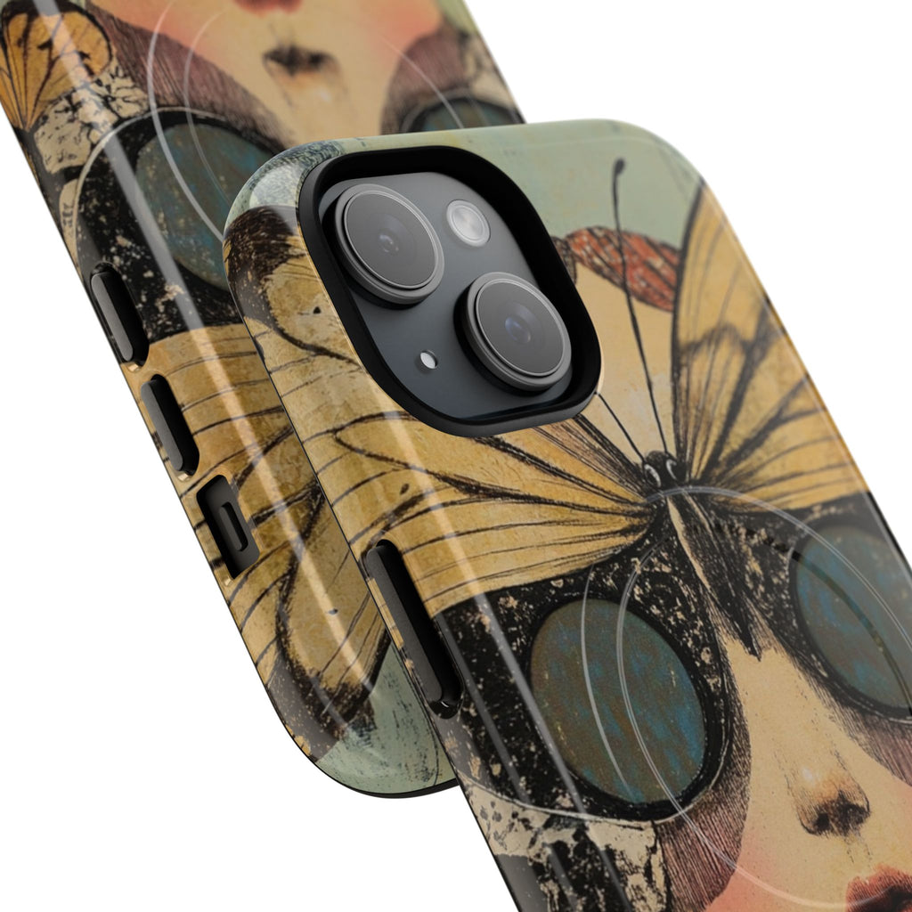  Dual-layer tough magnetic phone case showing butterfly girl vintage art design