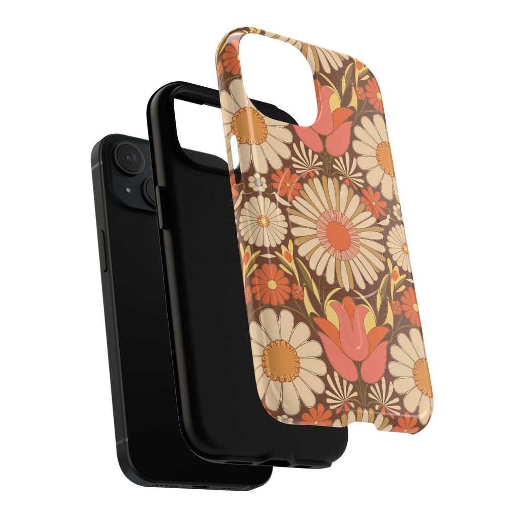  Dual-layer tough magnetic phone case showing retro floral 70s daisy design
