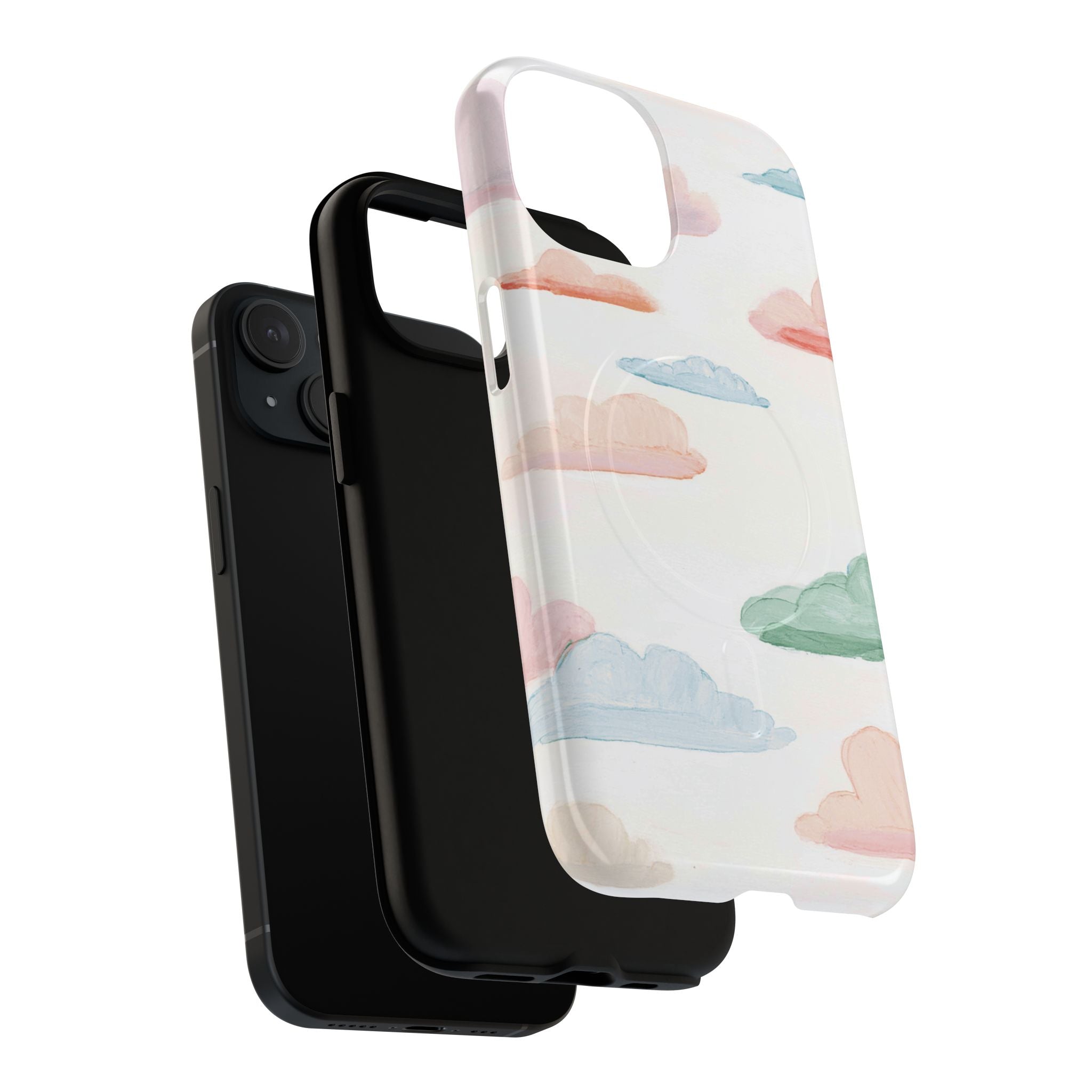 Pastel cloud MagSafe phone case showing dual-layer protection and precise cutouts