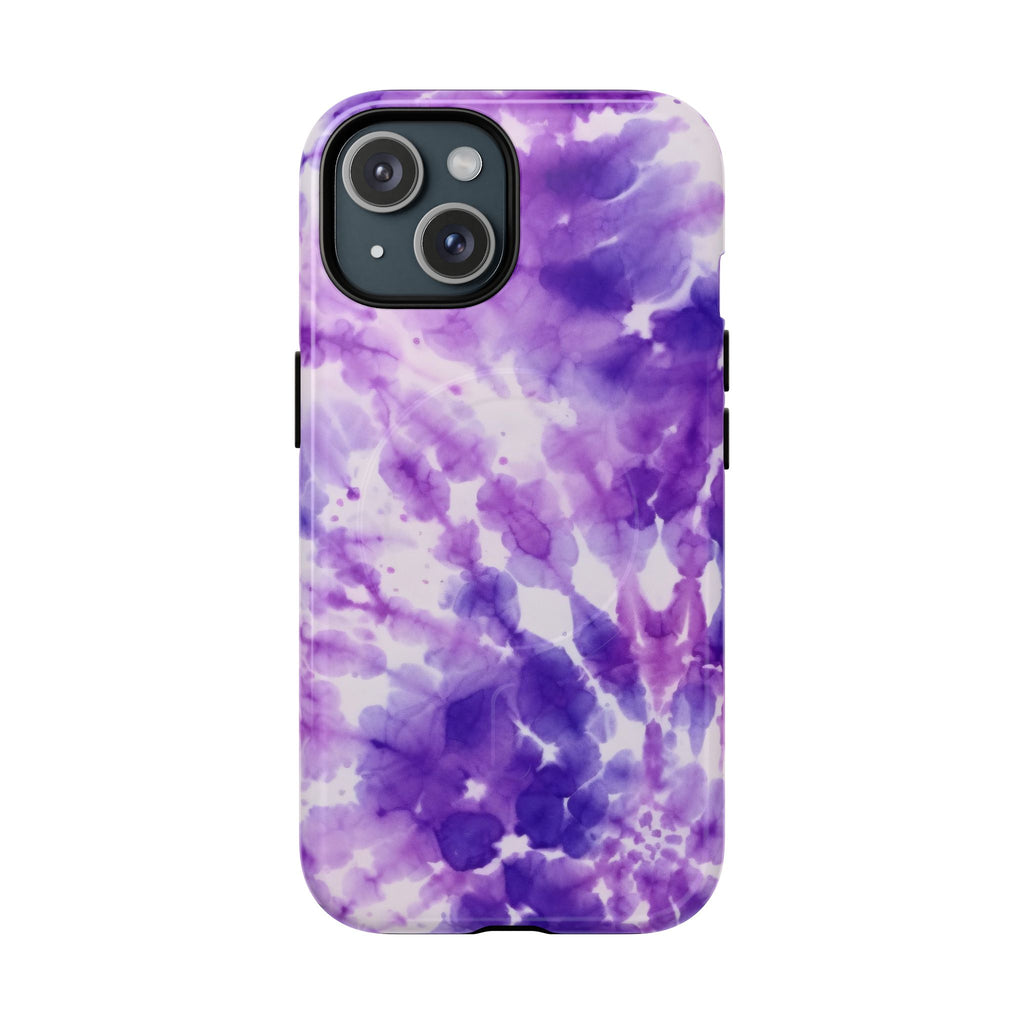 MagSafe tough phone case with purple tie-dye pattern