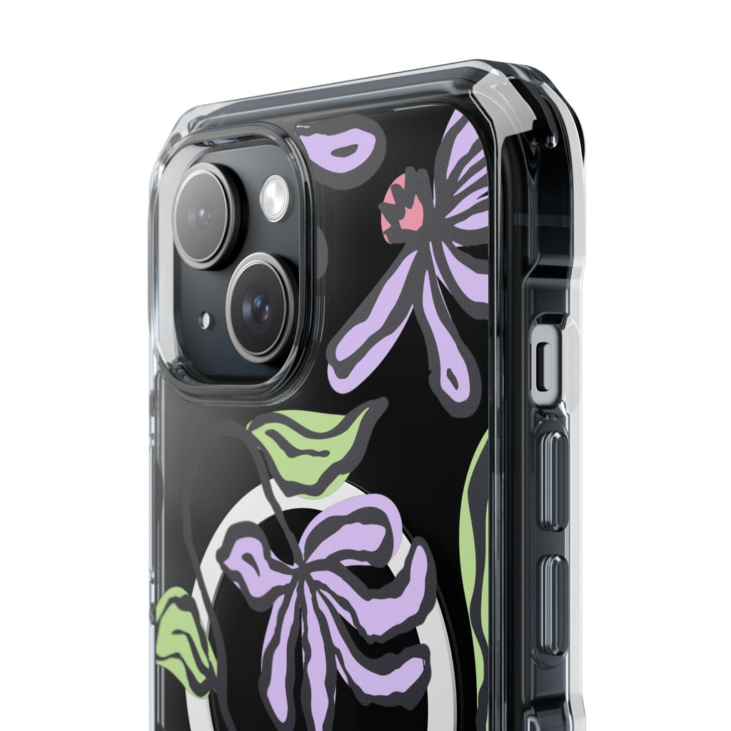 Clear MagSafe Phone Case with Purple Floral Sketch Design