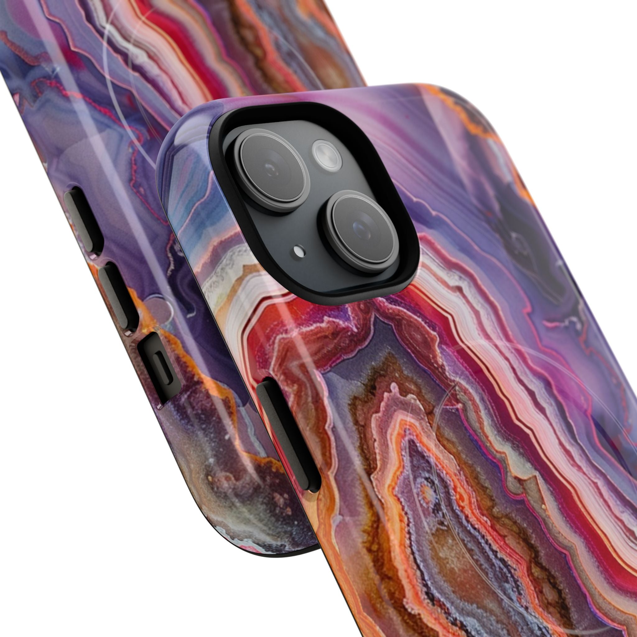 Vibrant agate geode pattern with violet, coral, amber, and rose layers resembling polished stone for nature-inspired phone protection