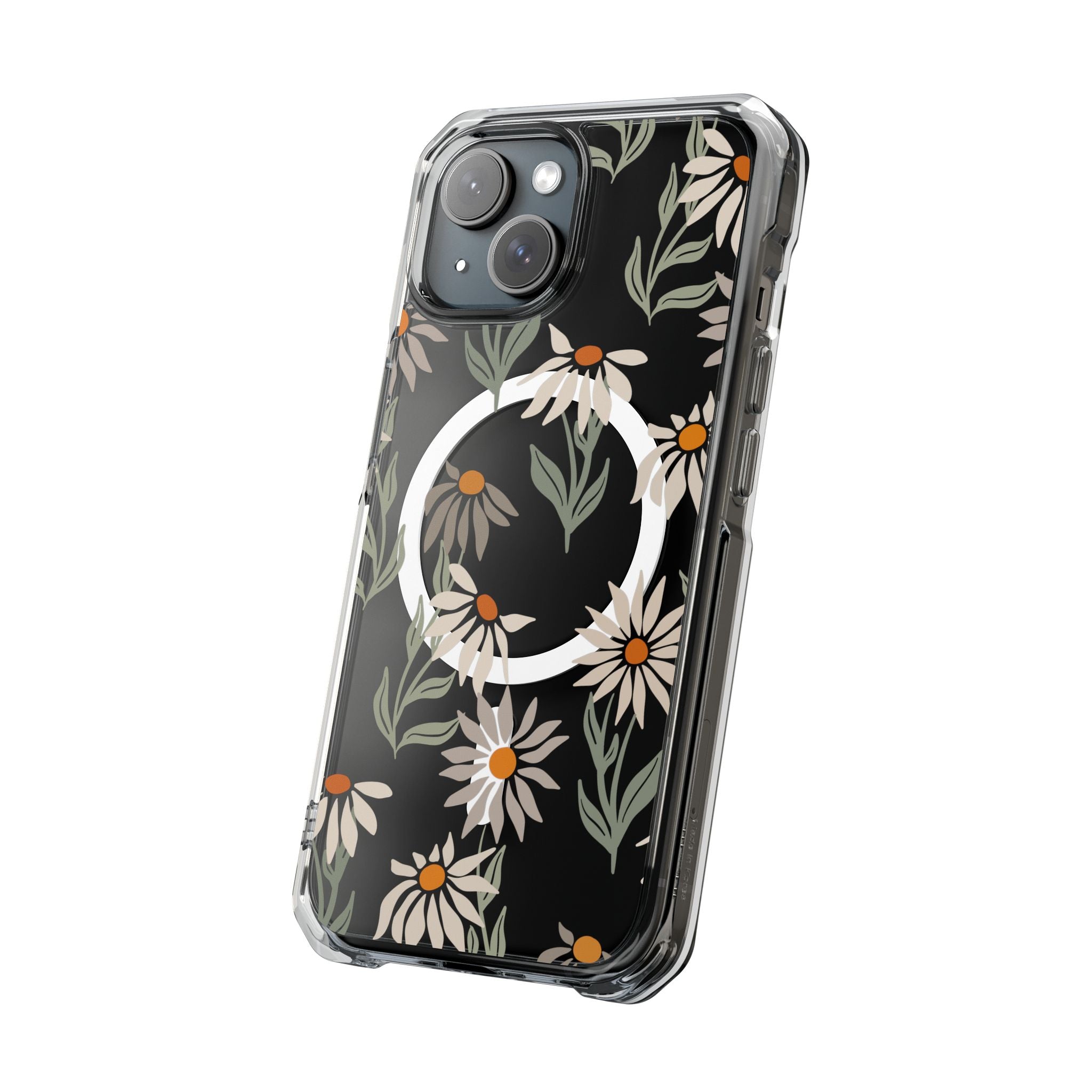Clear Daisy Phone Case | MagSafe Black Floral Design