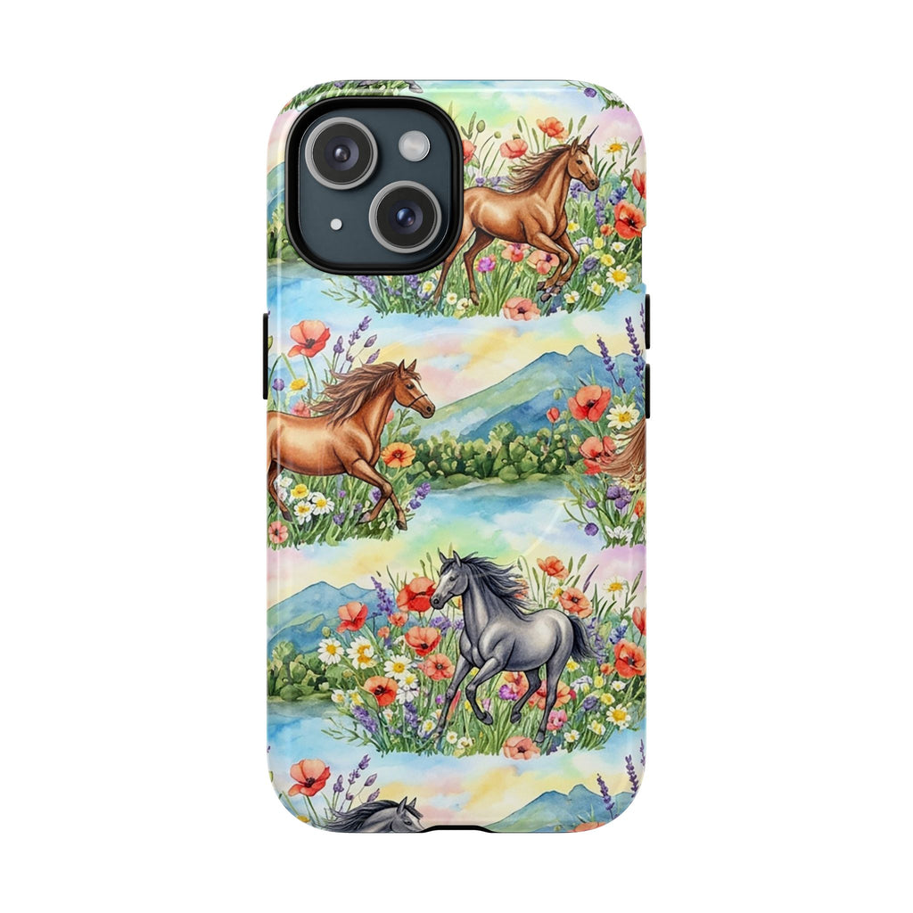 Pastel horse meadow MagSafe phone case with wildflowers and equestrian design