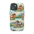 Pastel horse meadow MagSafe phone case with wildflowers and equestrian design