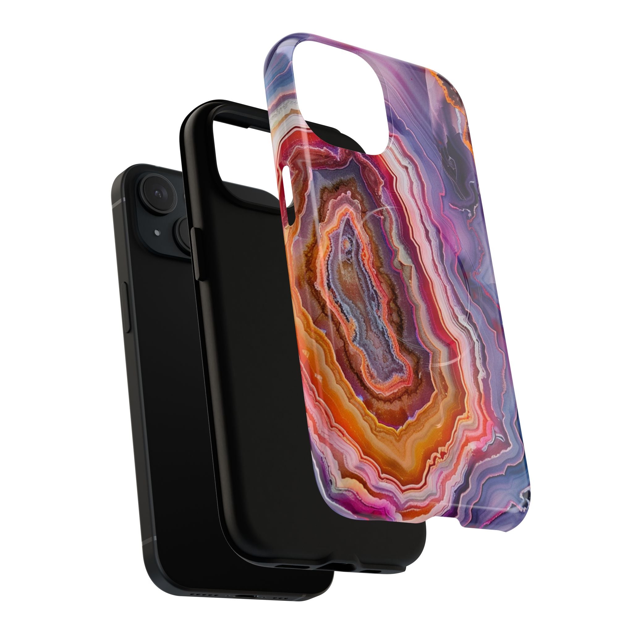 Dual-layer tough magnetic phone case showing agate wave colorful geode design
