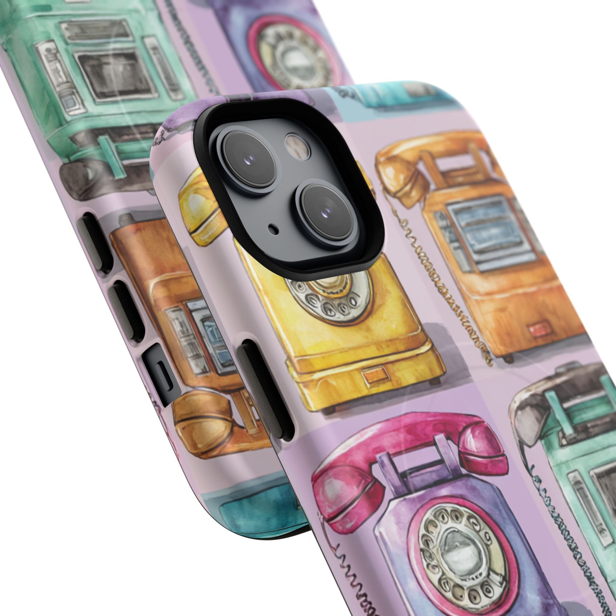 Retro Telephones Art iPhone Case – Colorful Vintage Phone Pattern | Wild Root Cases for iPhone 14 & Newer