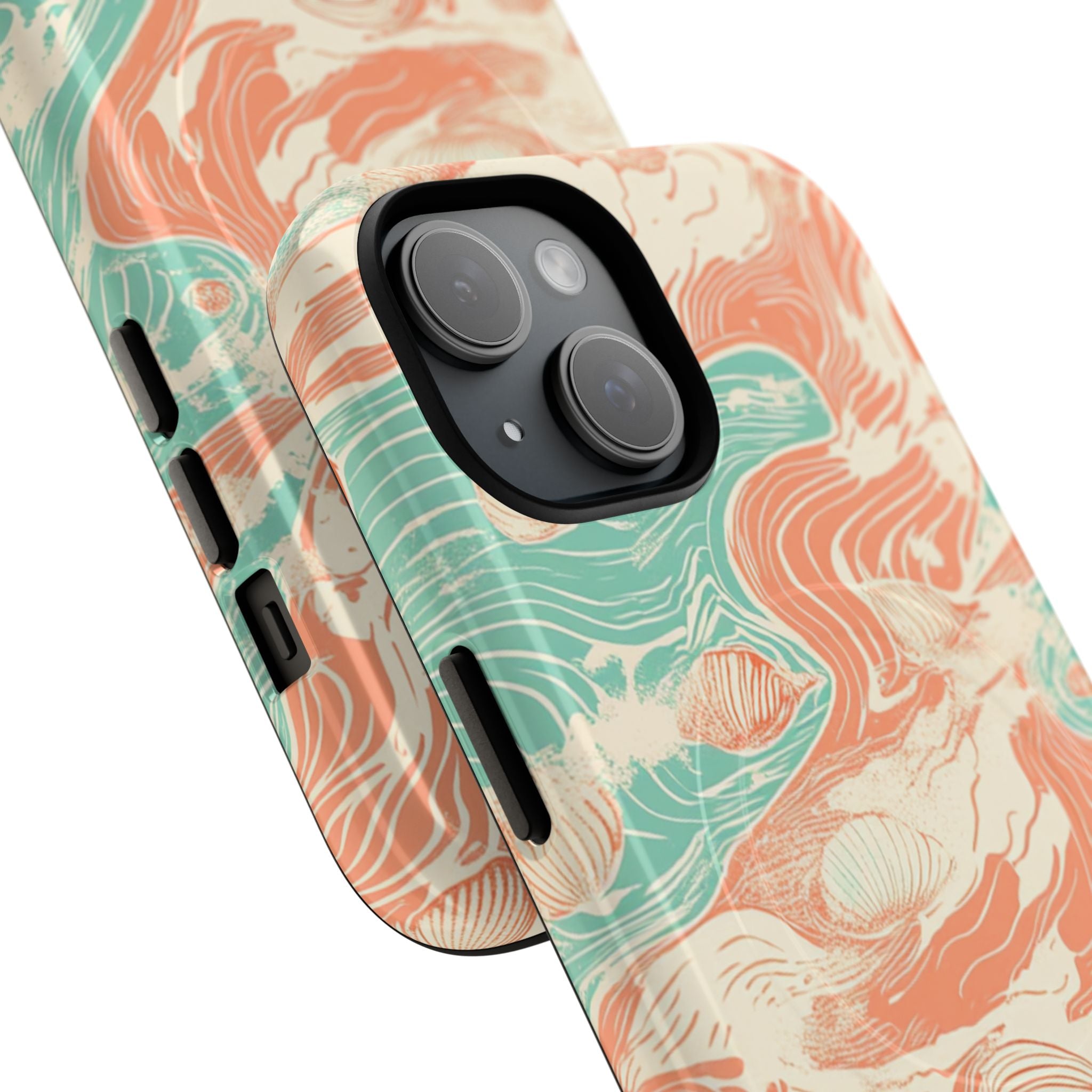Dual-layer protective iPhone case featuring marbled seafoam green and coral pink swirls with beach shell pattern, MagSafe compatible magnetic tough case with glossy finish option