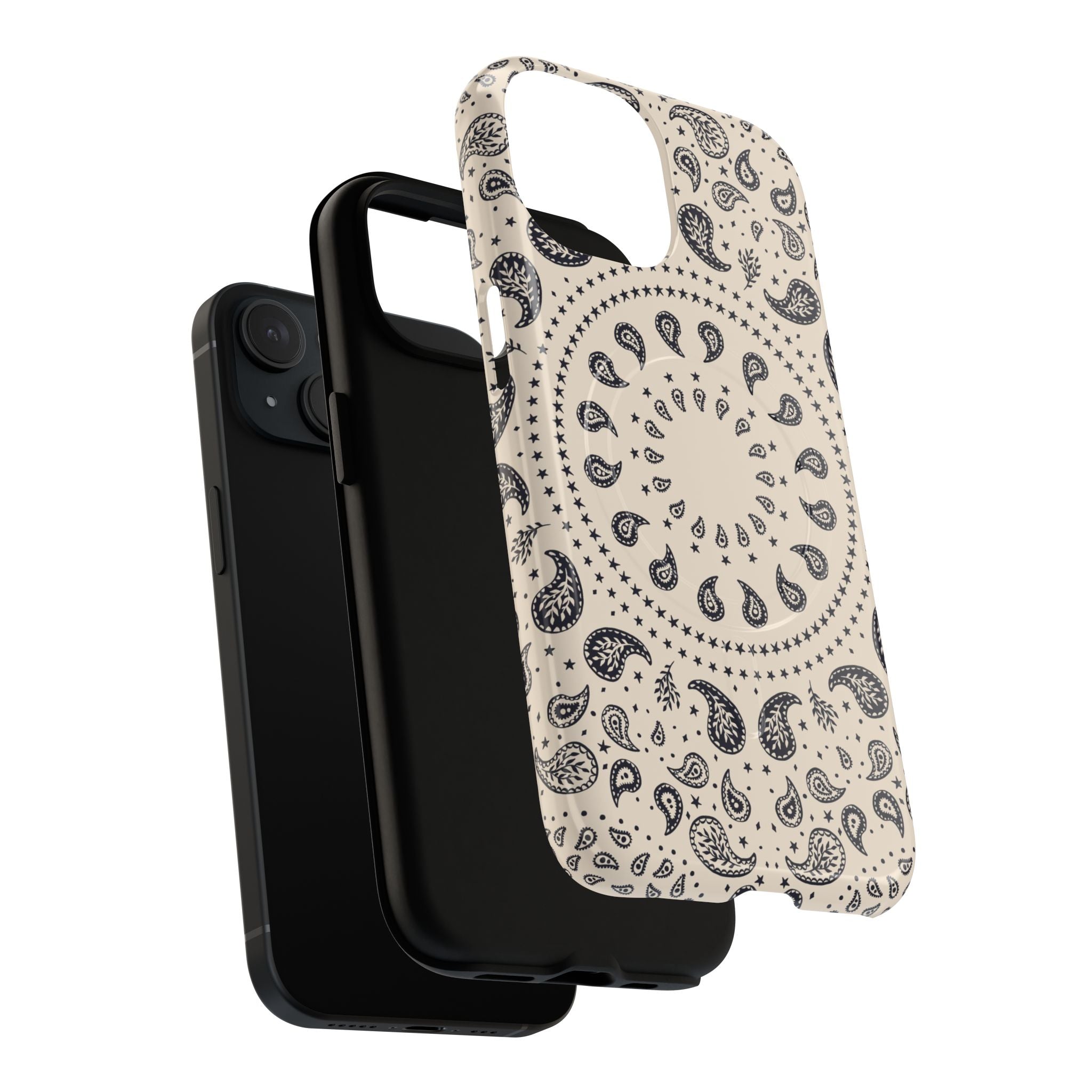  Paisley Mandala MagSafe Phone Case showing dual-layer protective construction with glossy and matte finish options
