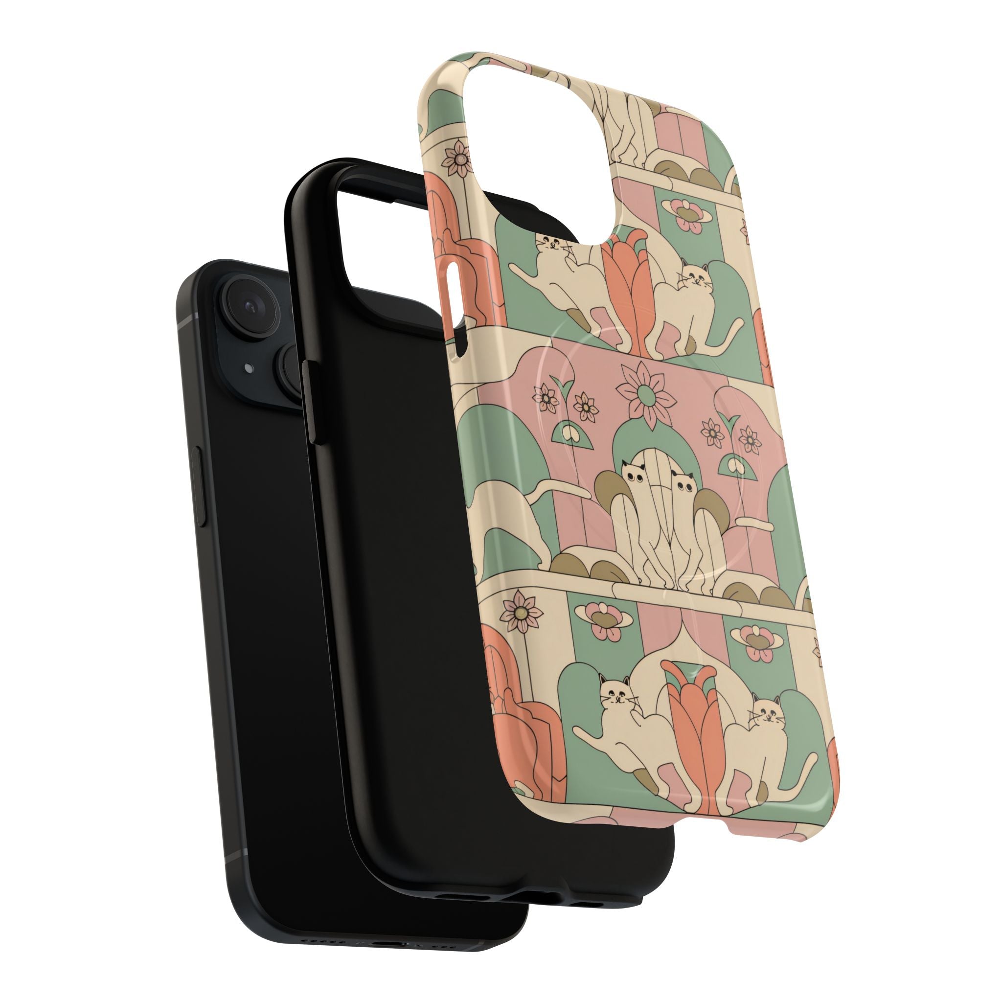 Dual-layer tough magnetic phone case showing Art Deco cat vintage design