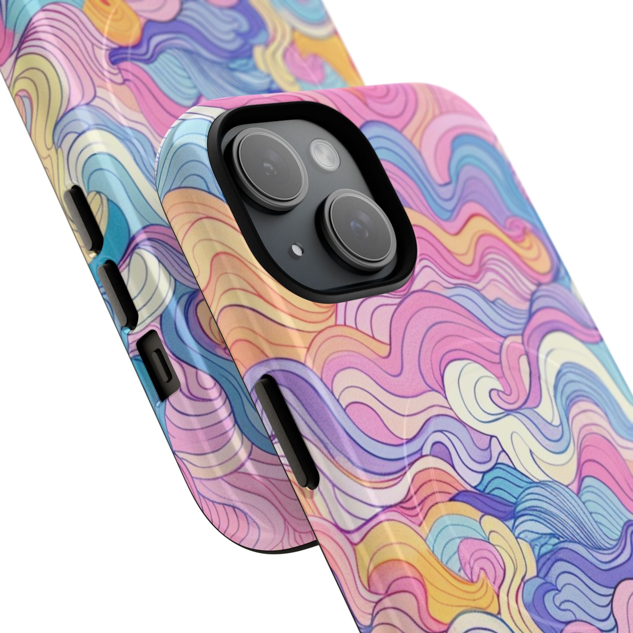 Pastel swirl tough magnetic phone case featuring hand-drawn watercolor waves in dreamy pinks, soft lavenders, and sunlit corals. Dual-layer protective design with rigid polycarbonate shell and flexible TPU liner. MagSafe compatible with embedded magnets for wireless charging. High-density 3D wrap print in glossy or matte finish. Perfect gift for artists, creatives, and teens who love colorful abstract patterns.