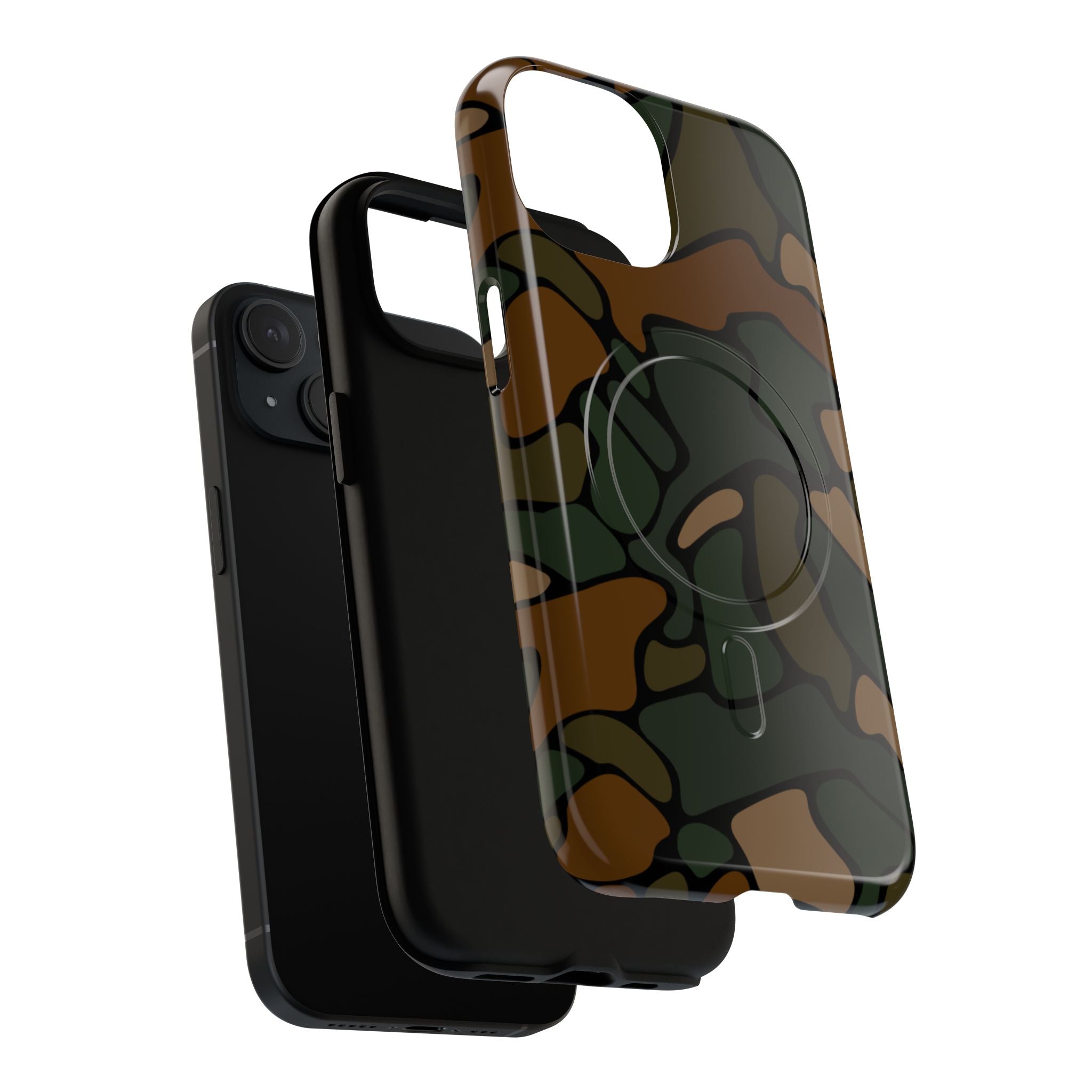 Close-up of military green camo pattern on protective phone case