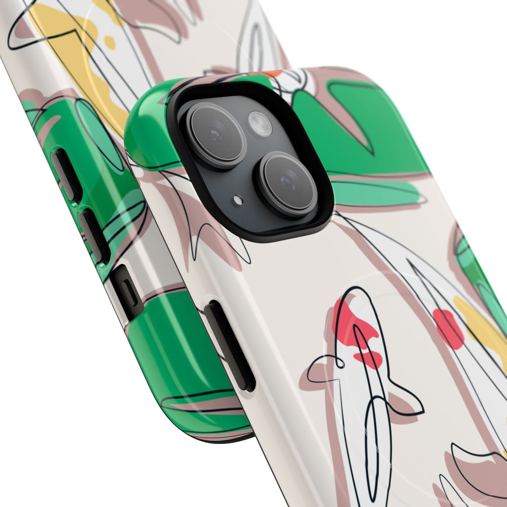 Hand-drawn colorful koi fish swimming across soft neutral background with green lily pads and warm accent tones in artistic watercolor style on dual-layer MagSafe-compatible protective phone case with polycarbonate shell
