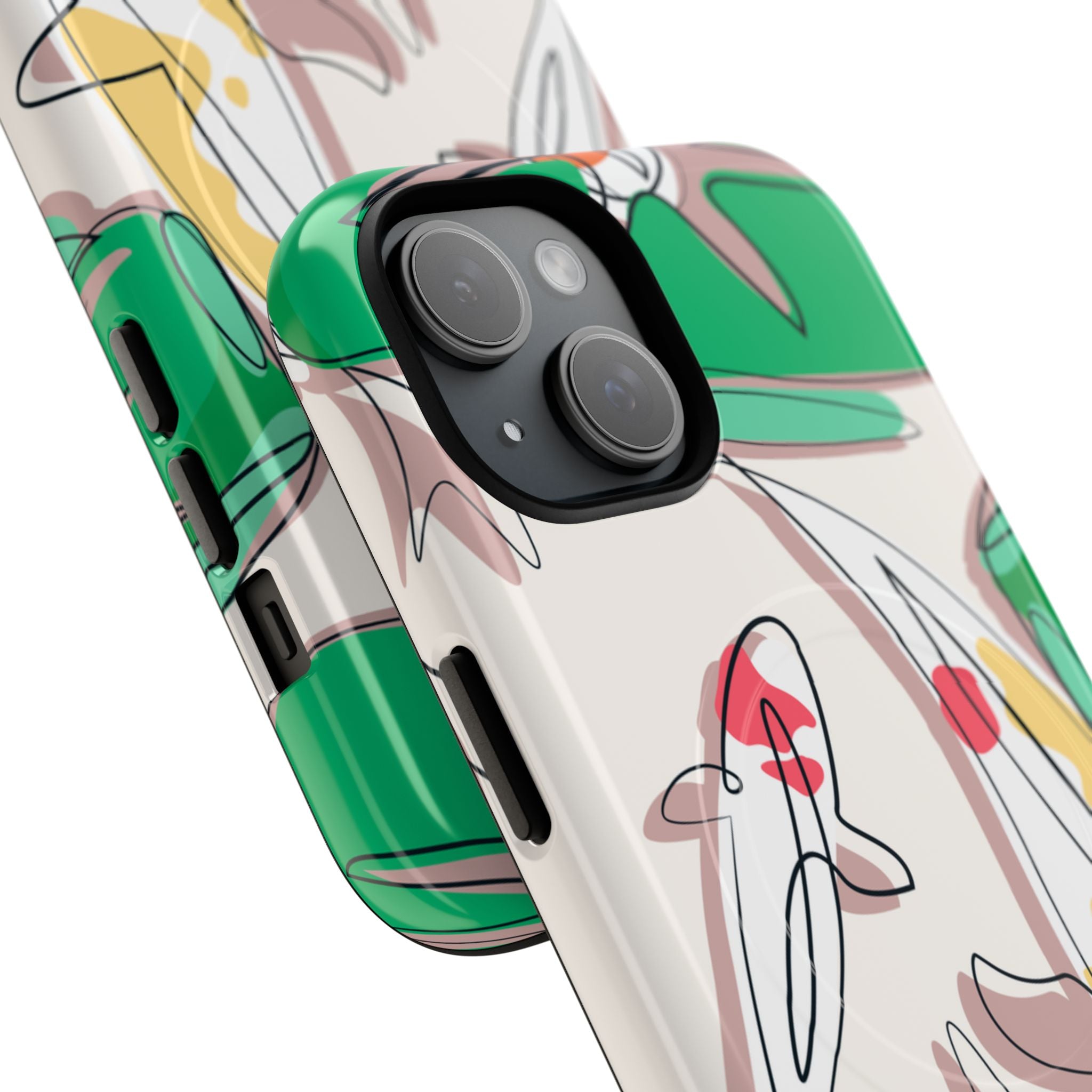 Hand-drawn colorful koi fish swimming across soft neutral background with green lily pads and warm accent tones in artistic watercolor style on dual-layer MagSafe-compatible protective phone case with polycarbonate shell