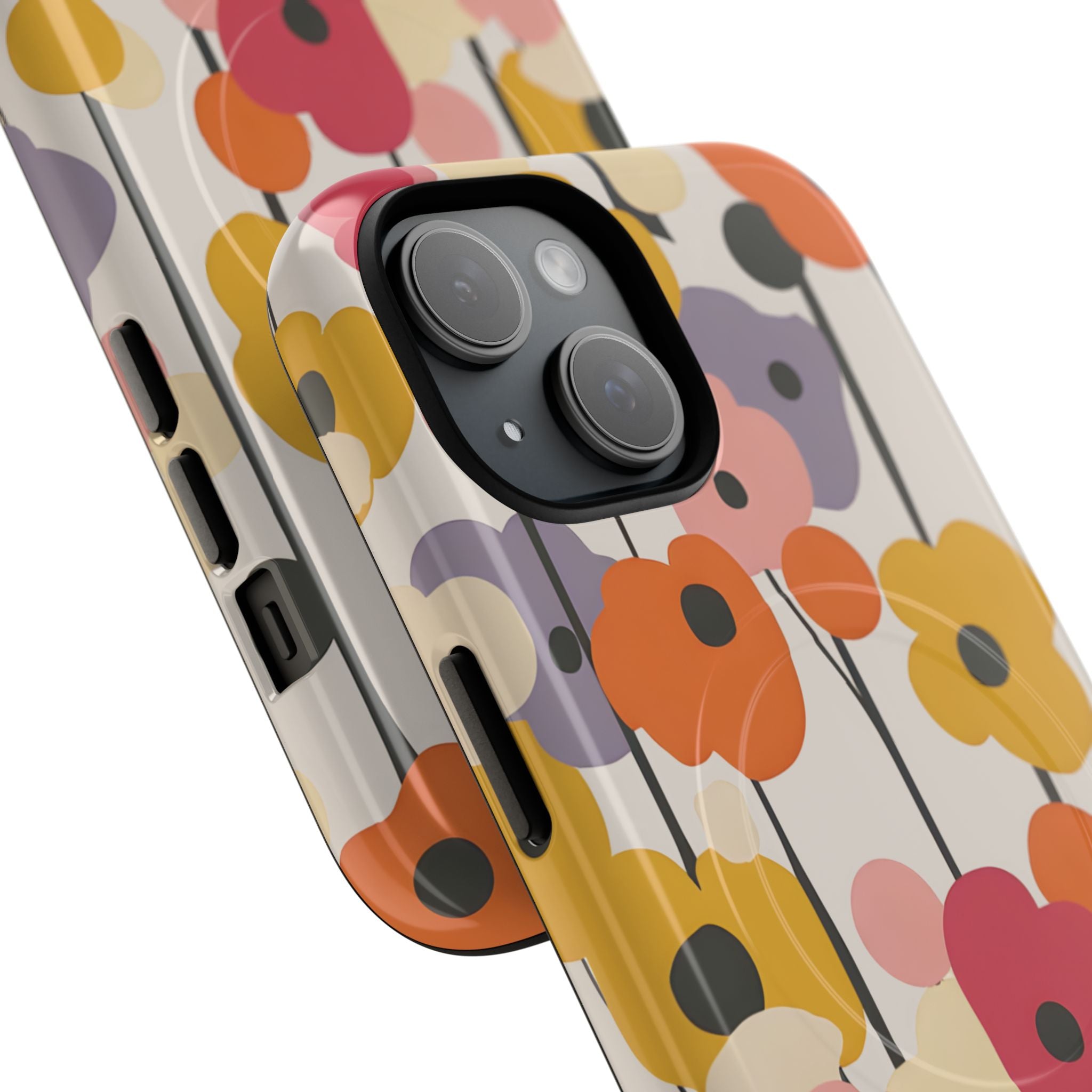 Retro poppy MagSafe iPhone case featuring vibrant red and orange poppies with vintage floral pattern - dual-layer tough magnetic protective phone case with bold botanical design, compatible with iPhone 14, 15, 16, 17 and Pro Max models