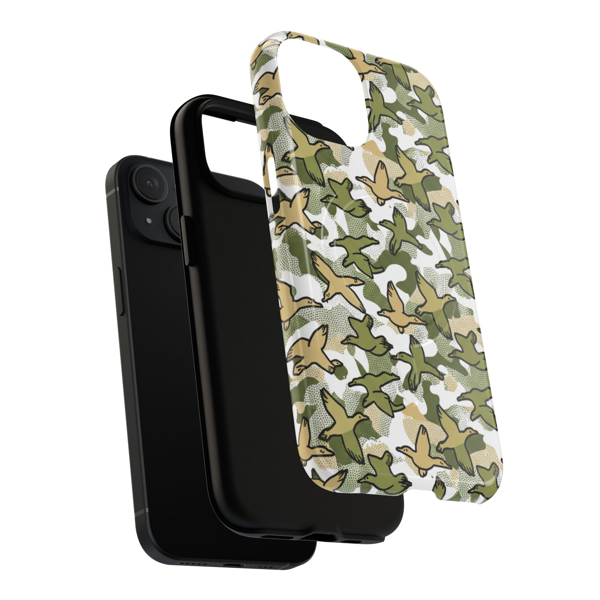 Close-up of duck camo pattern with whimsical duck silhouettes on protective phone case
