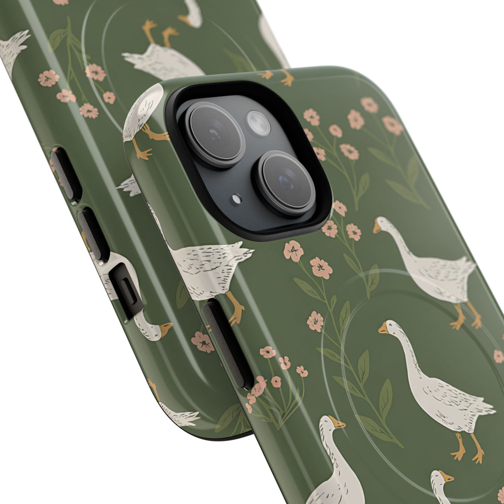 Goose Pattern Phone Case design featuring hand-drawn white geese and delicate floral sprigs on soft olive-green backdrop, nature-inspired botanical pattern for MagSafe compatible protective iPhone case