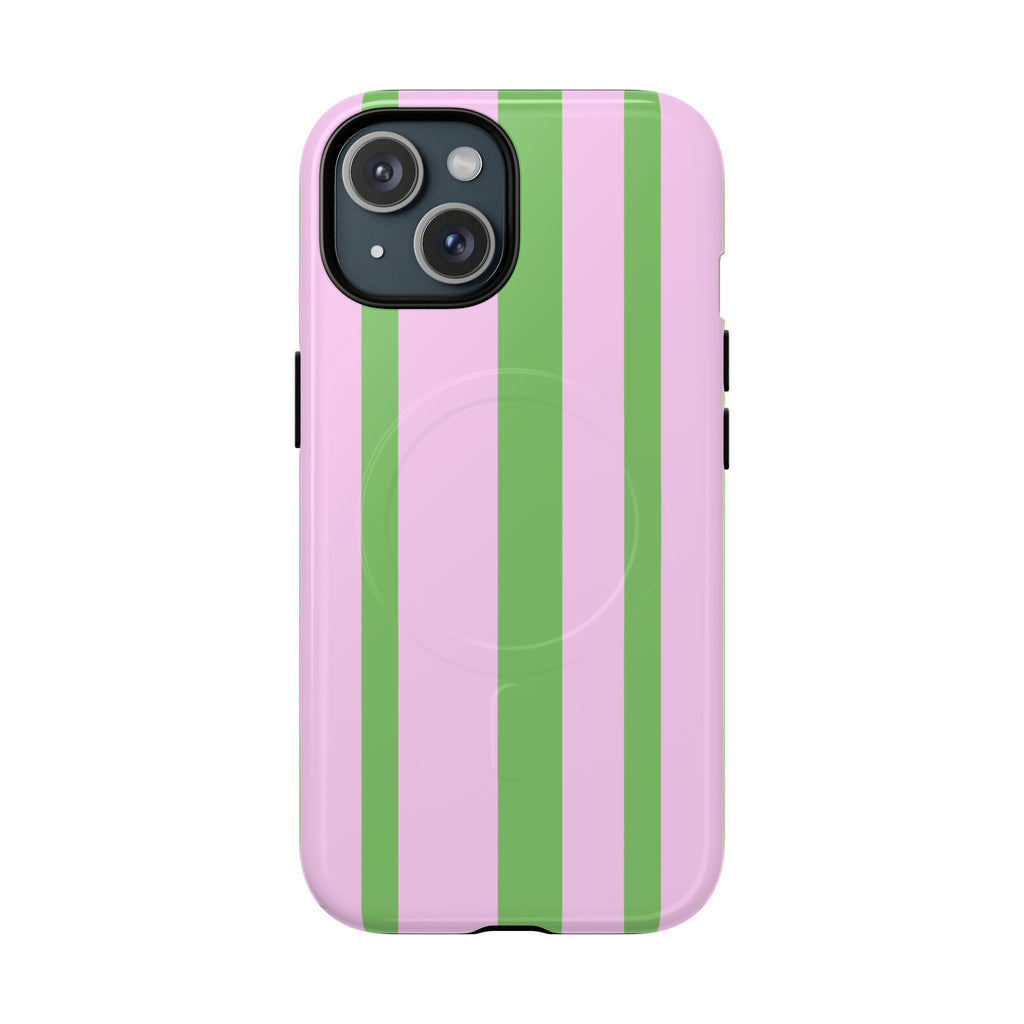 Pink & Green Striped Magnetic Tough Phone Case with pastel lavender and green stripes