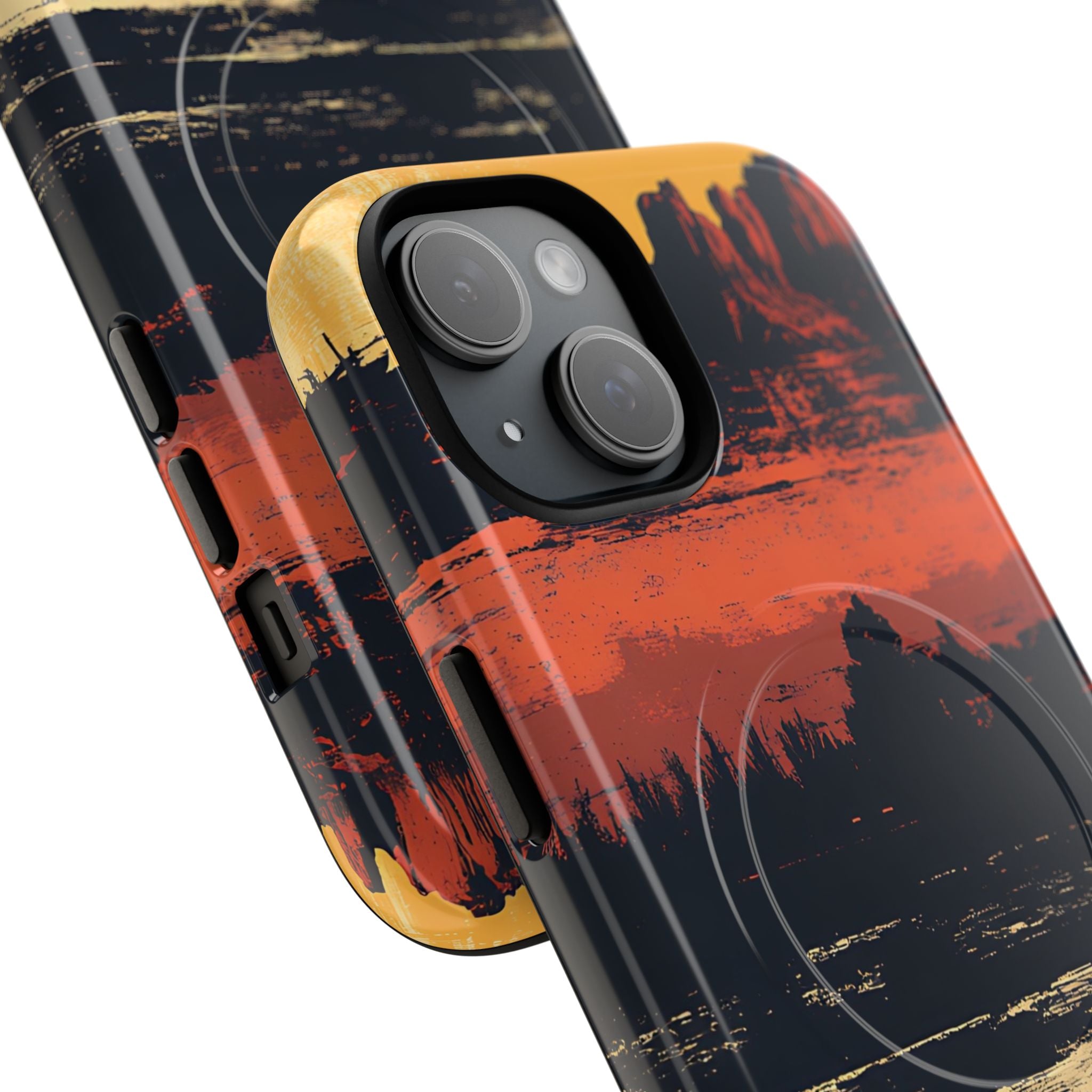 Western sunset cowboy tough magnetic phone case featuring warm ochre and rust layers fading into cool cream tones with shadowed silhouettes of riders and desert buttes. Dual-layer protective design with 100% polycarbonate shell and TPU silicone liner. MagSafe compatible with embedded magnets for wireless charging. Full-wrap 3D artwork in glossy or matte finish. Perfect gift for cowboys, cowgirls, and western enthusiasts