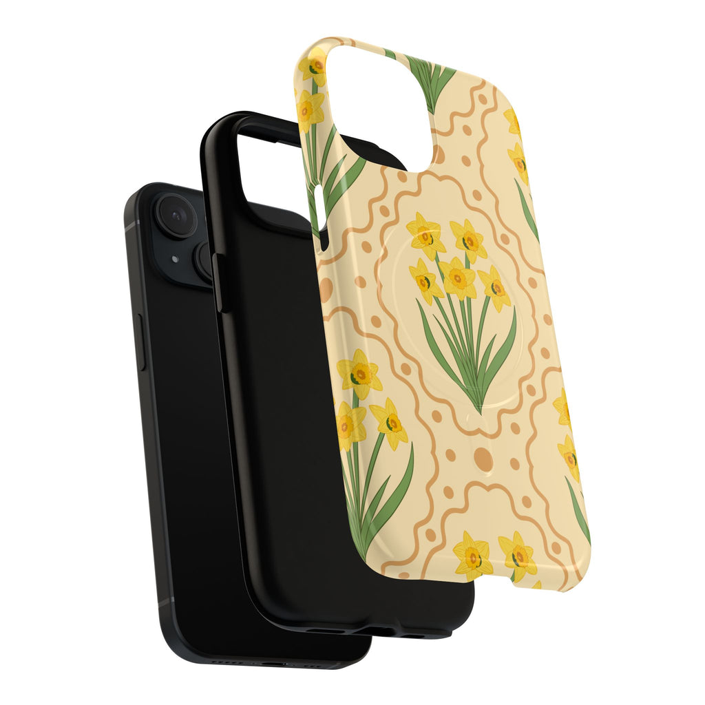 Daffodil Pattern Tough Case detail showing dual-layer protection and MagSafe compatibility