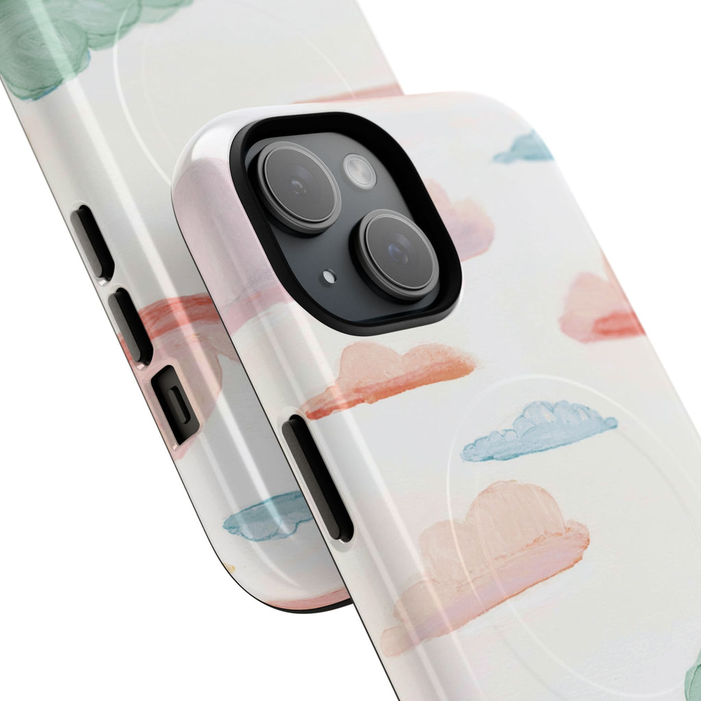 Soft pastel watercolor clouds in pink, blue, and purple floating on white background - dreamy minimalist phone case design with gentle brushstroke texture