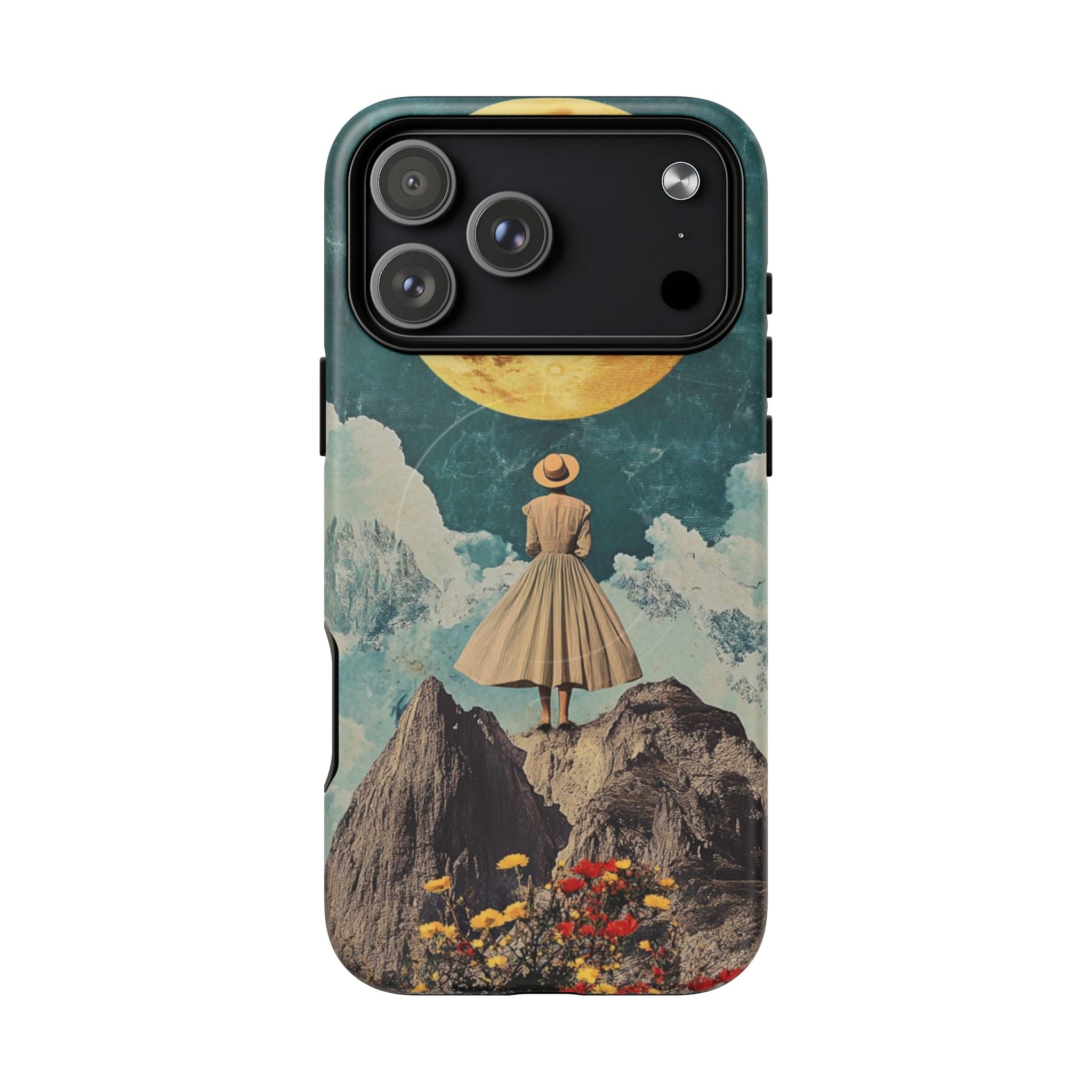 Surreal vintage collage with woman, wildflowers, jagged rock, and glowing moon in dreamlike composition for artistic phone protection