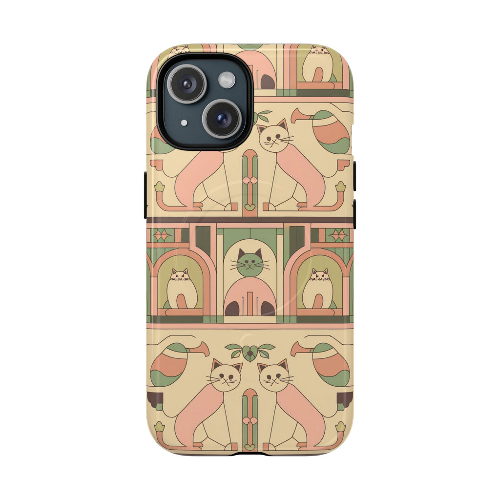 Retro Cats Phone Case with Vintage Art Deco Kitty Pattern and MagSafe