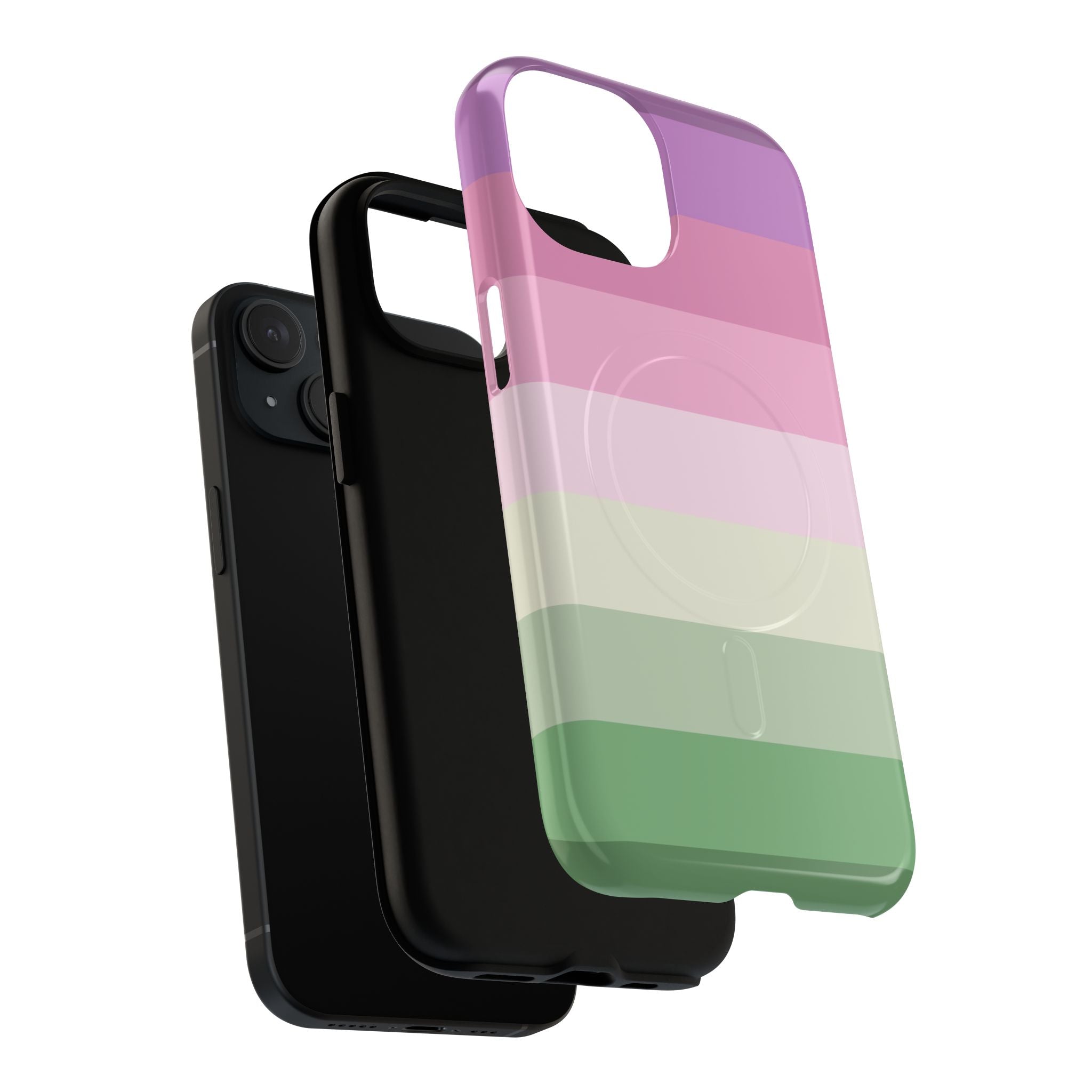 Pastel sunset stripes MagSafe case on iPhone showing precise port cutouts