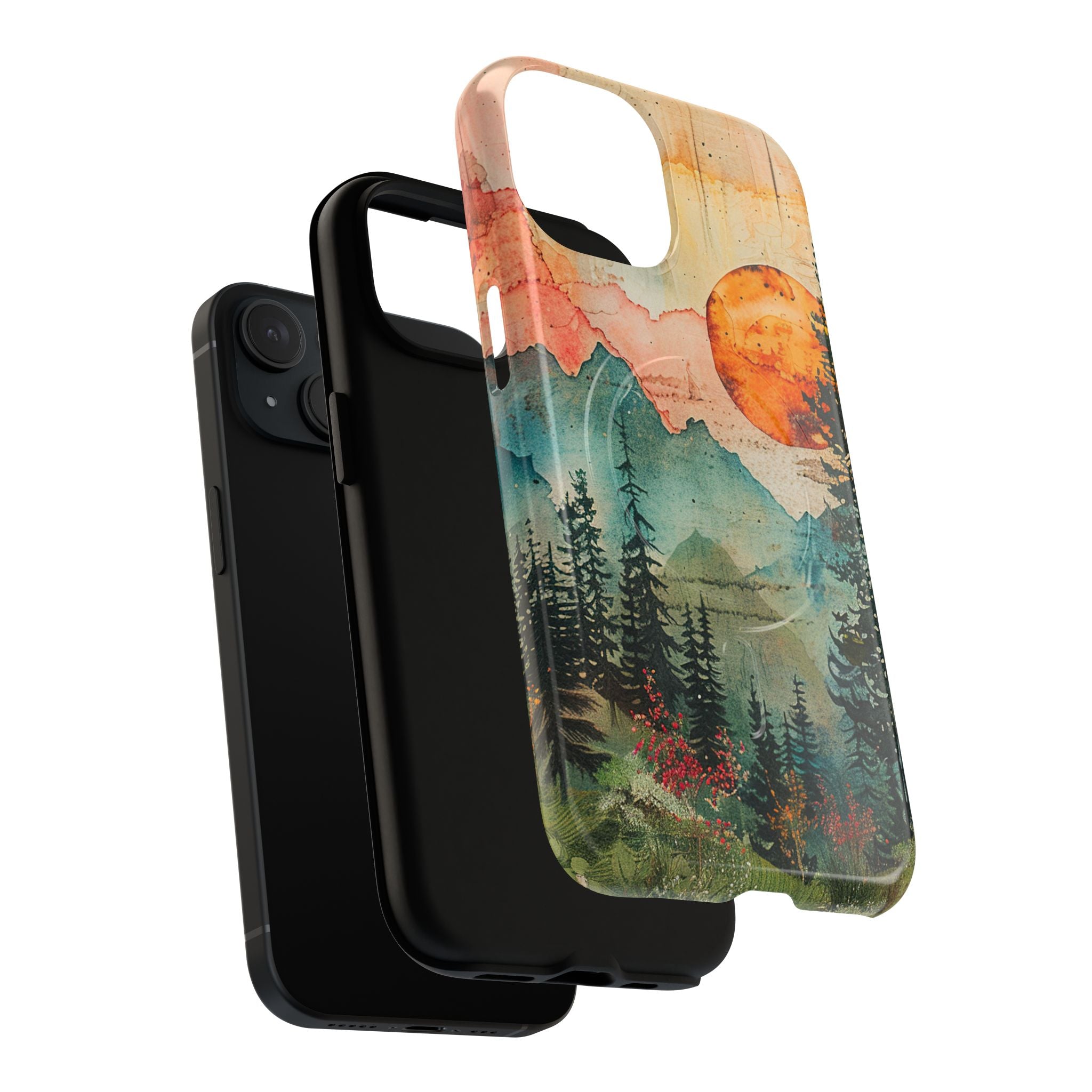 Mountain Sunset Tough Case detail showing dual-layer protection and MagSafe compatibility