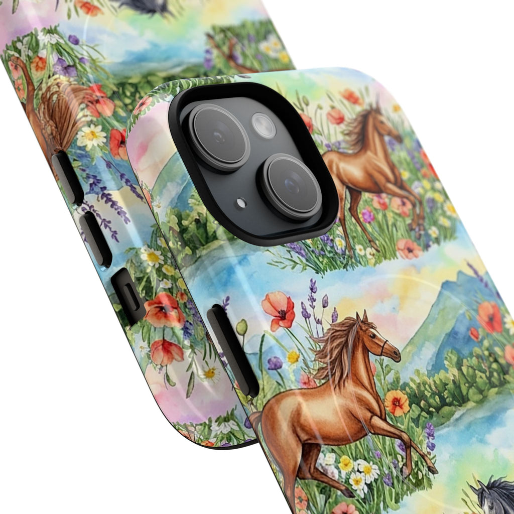 Pastel horse meadow magnetic phone case featuring free-running horses against soft pastel skies, rolling hills, and delicate wildflowers. Dual-layer protective design with polycarbonate shell and TPU silicone liner. MagSafe compatible with embedded magnets for wireless charging. High-density 3D wrap print in glossy or matte finish. Perfect gift for equestrian lovers and horse enthusiasts.